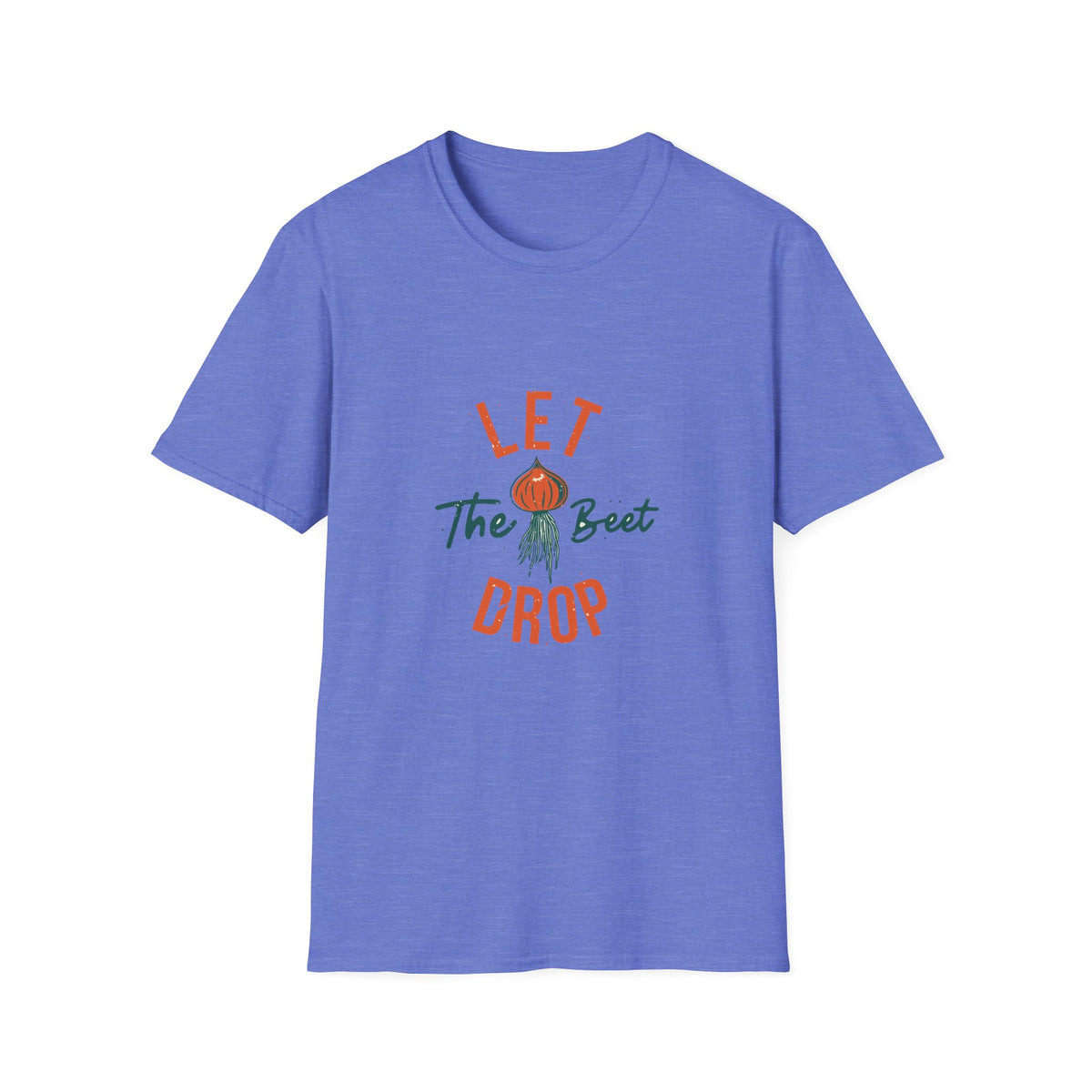 'Let the Beet Drop' funny beet pun t-shirt in heather royal blue, gift for gardeners and foodies