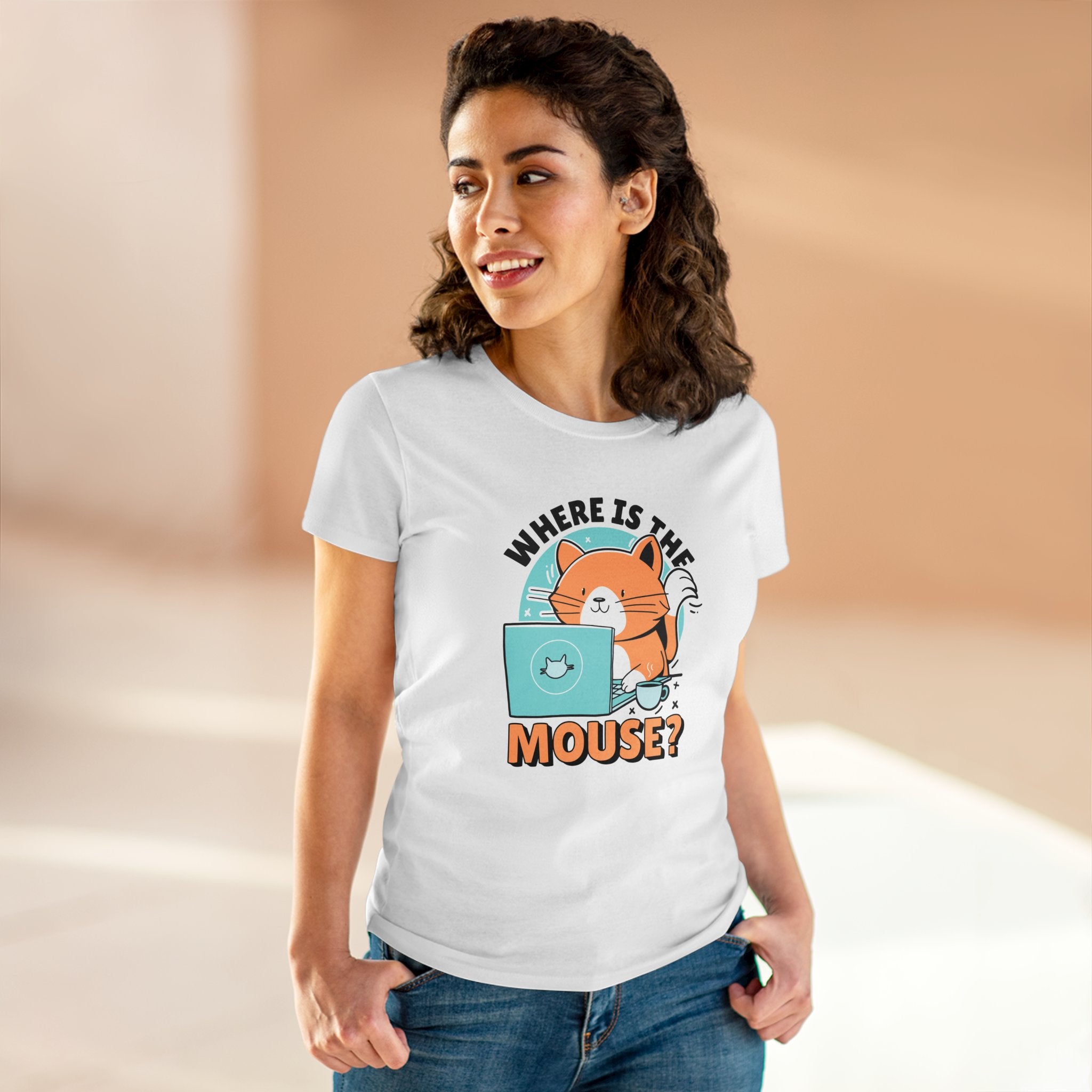 A person is wearing a white Mouse Cat - Women's Tee made of pre-shrunk cotton, featuring a cartoon cat holding a monitor and text that reads "Where is the mouse?".