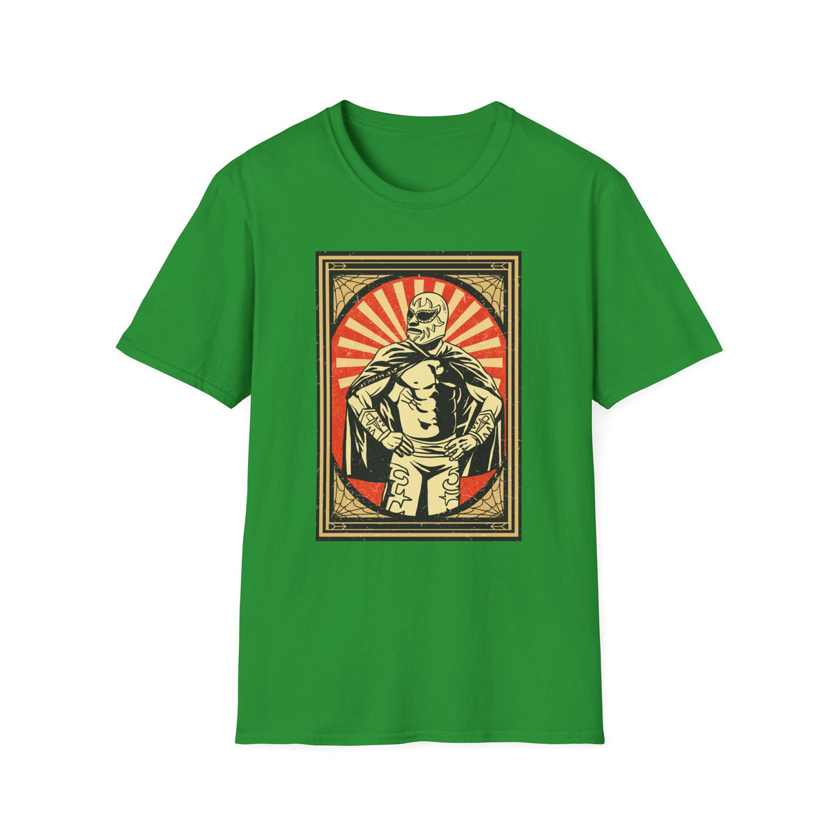 'Mexican Wrestler' retro poster t-shirt in Irish green, flat lay front print visible, funny lucha libre gift