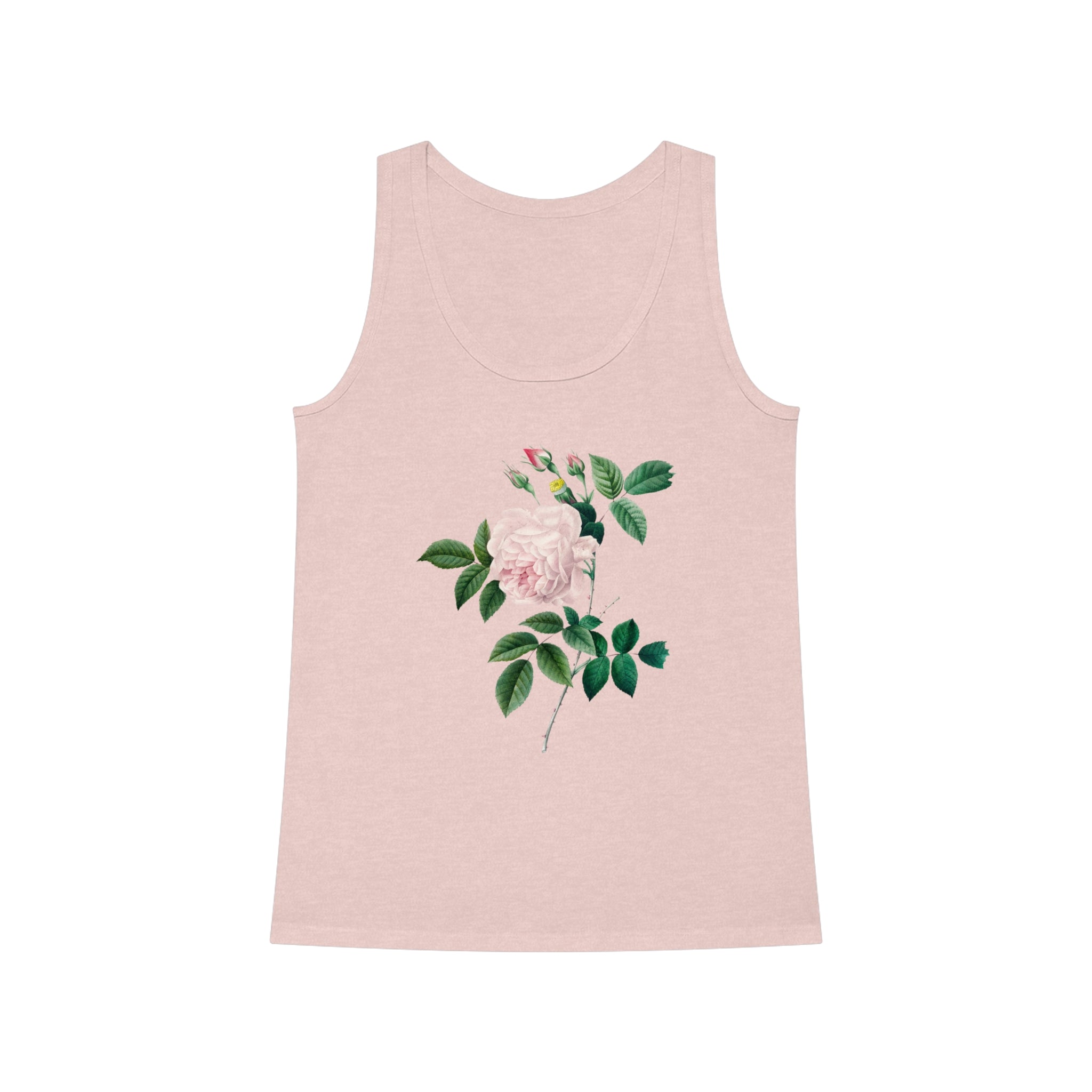 The Rose Tank Top is an ultra-soft, light pink yoga tank adorned with a botanical illustration of a pink rose and green leaves on the front, crafted from organic cotton for optimal comfort and style.