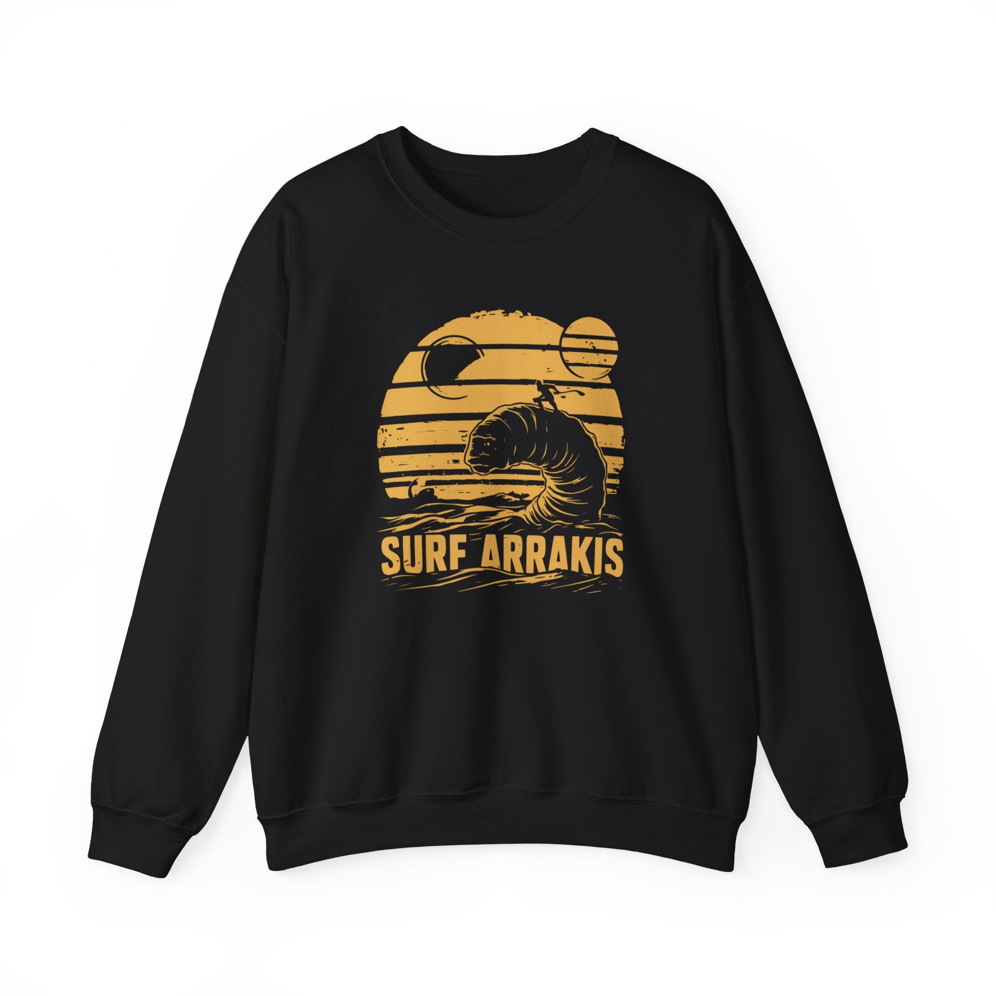 This Surf Arrakis - Sweatshirt features a graphic of a sandworm surfing waves under two moons, making it perfect for the colder months with its unique design.