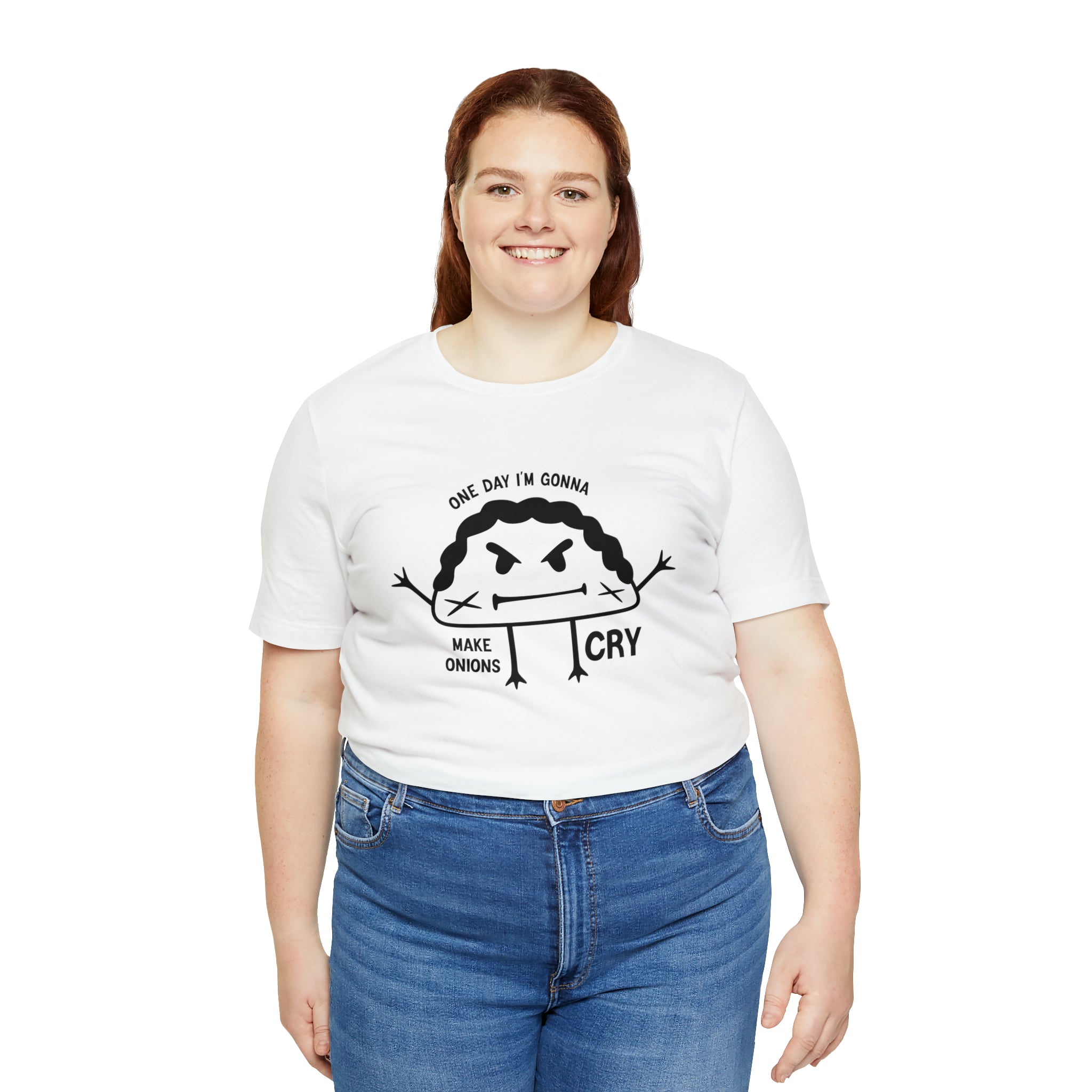 A woman wearing a unique white One Day Im Gonna Make Onions Cry t-shirt with an image of a pizza.