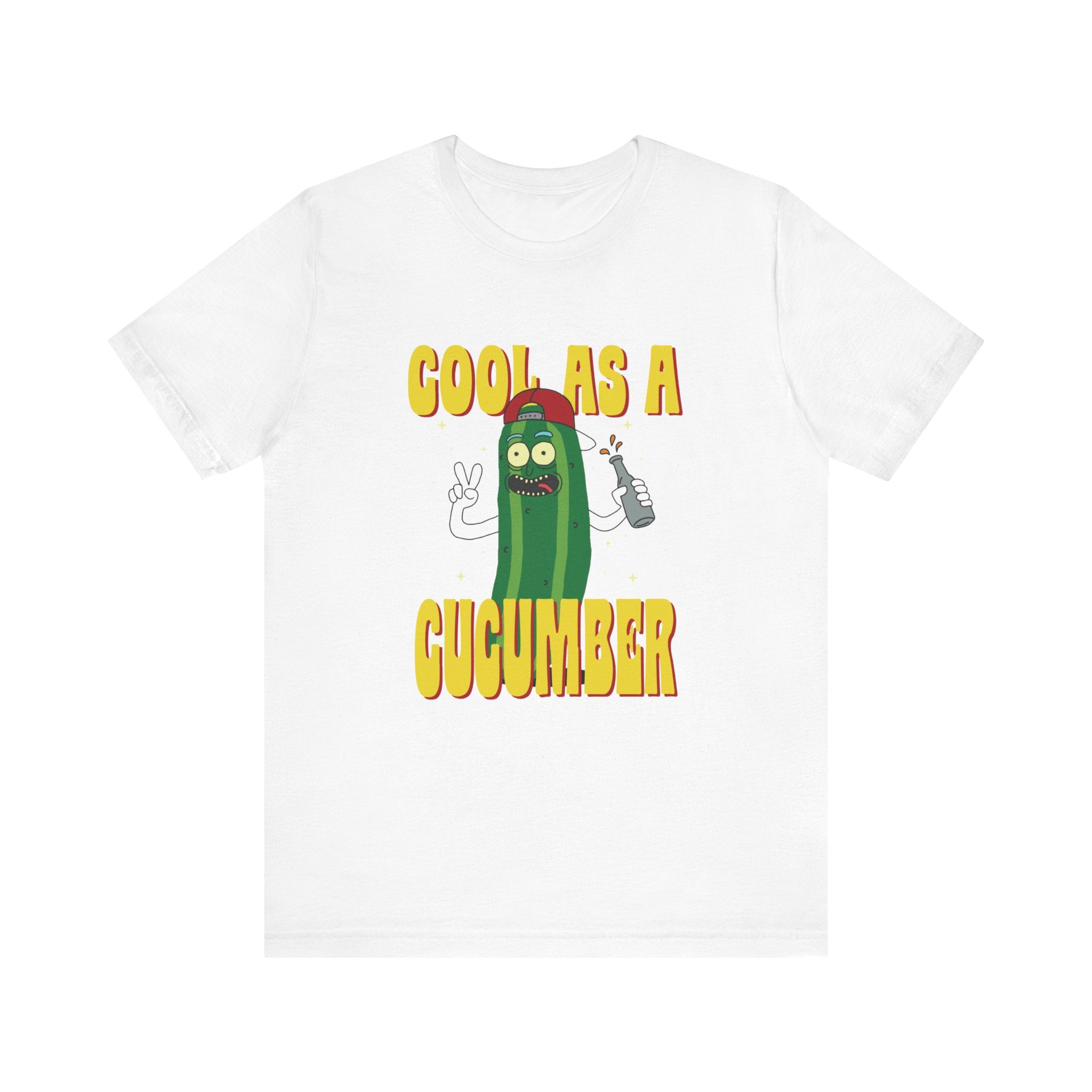 Graphic of a green Cool as a Cucumber character with sunglasses on a unisex jersey tee, holding a drink, accompanied by the text "cool as a cucumber.