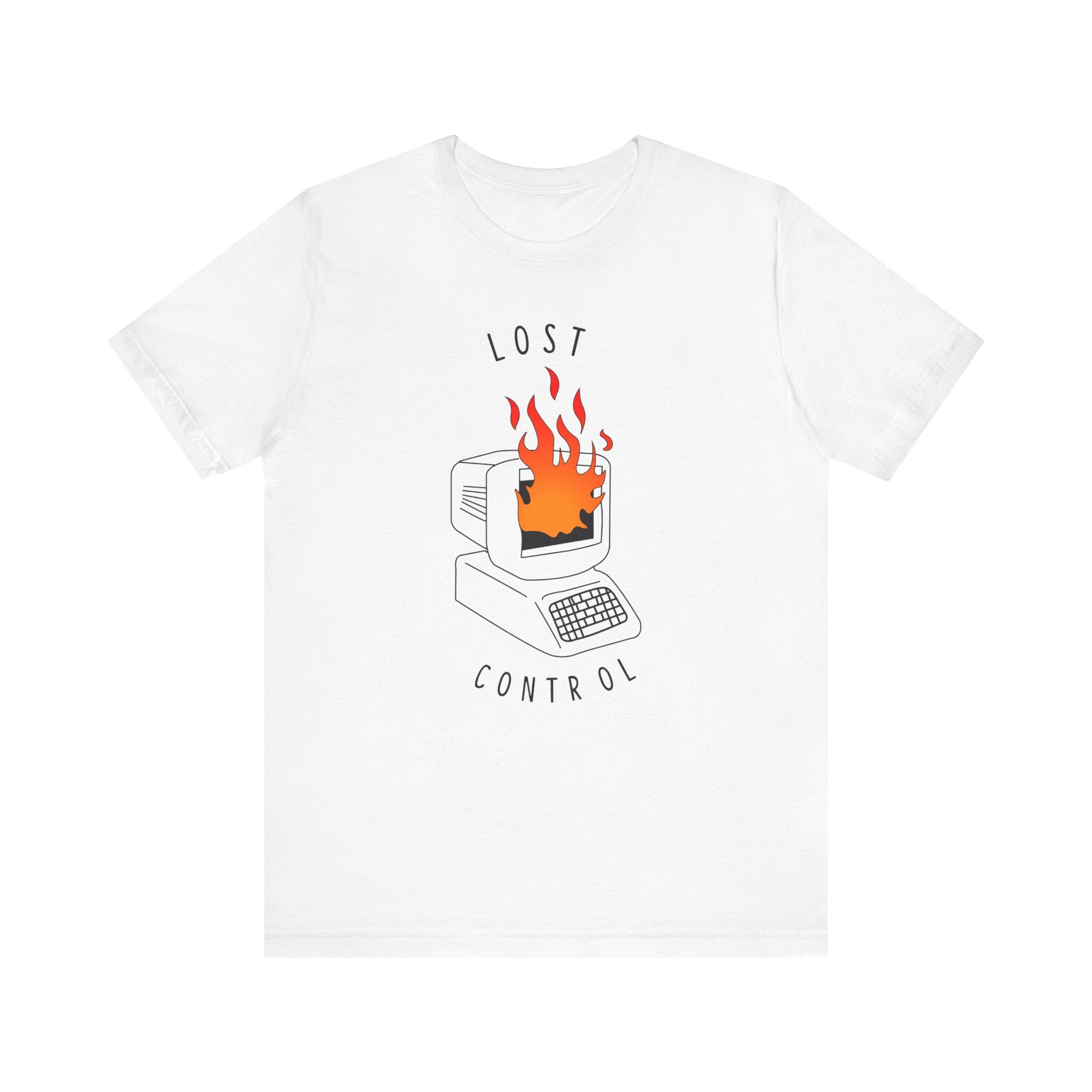 Enjoy unparalleled comfort with the premium "Lost Control" T-shirt, crafted from high-quality cotton. It showcases a captivating illustration of a burning vintage computer, accented by the bold "LOST CONTROL" text printed prominently above and below the imageâ€”an eye-catching addition to any wardrobe.