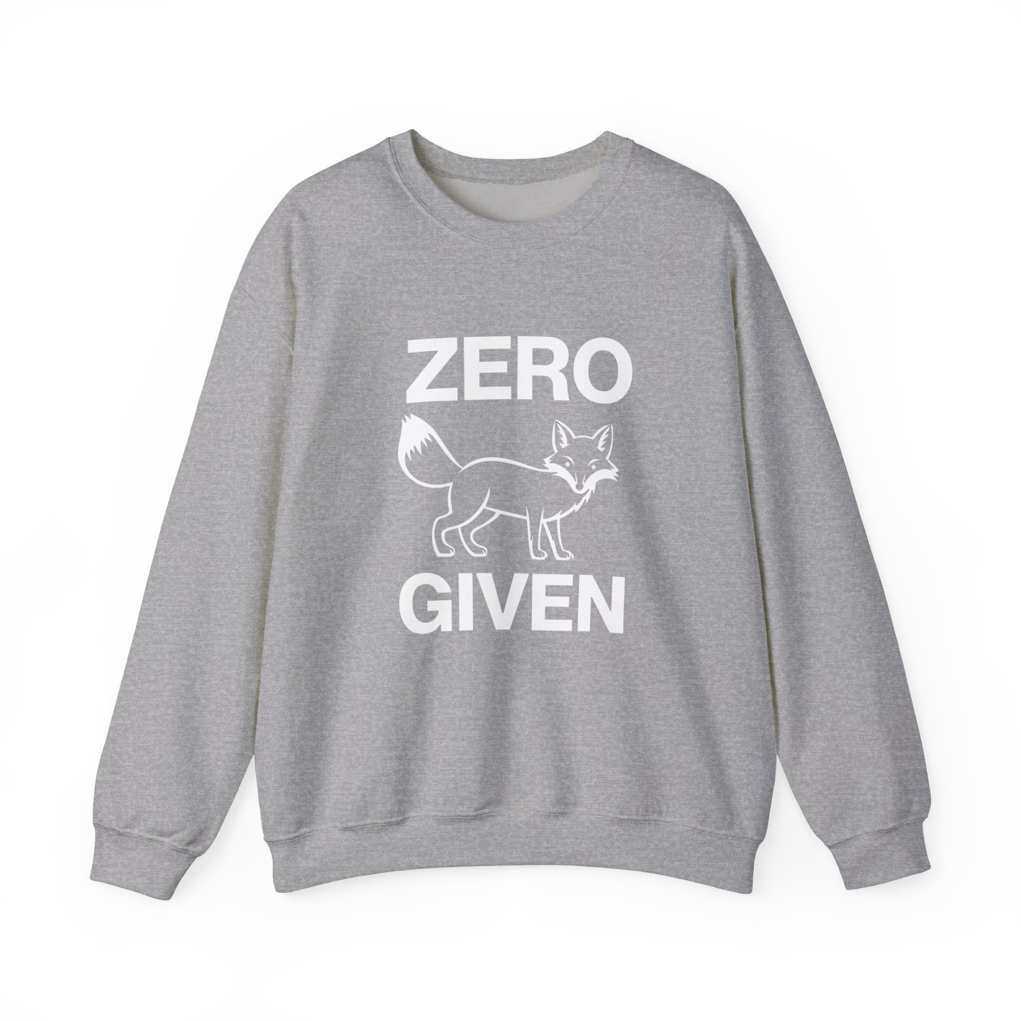 A gray sweatshirt from the Zero Fox Given - Sweatshirt collection features a white outline of a fox with the playful phrase "ZERO GIVEN" printed above and below. Ideal for staying warm in the colder months, this cozy piece is a must-have.