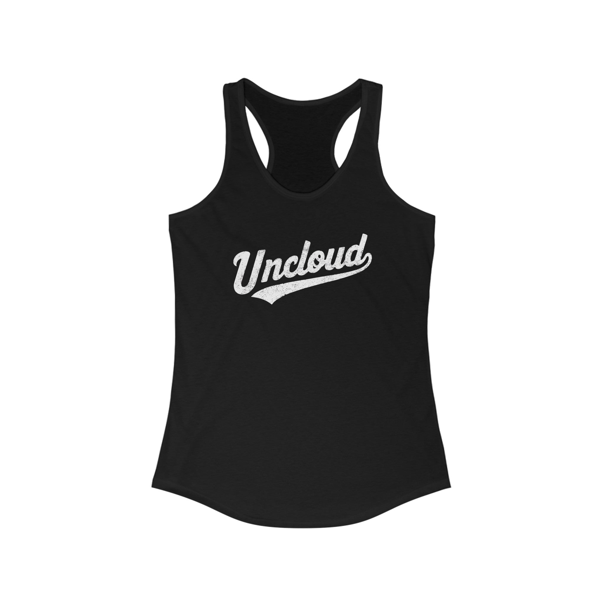 A Uncloud - Women's Racerback Tank in black, perfect for your active lifestyle, with the word "Uncloud" tastefully written in white cursive text across the chest. Ideal for workouts and casual wear alike.