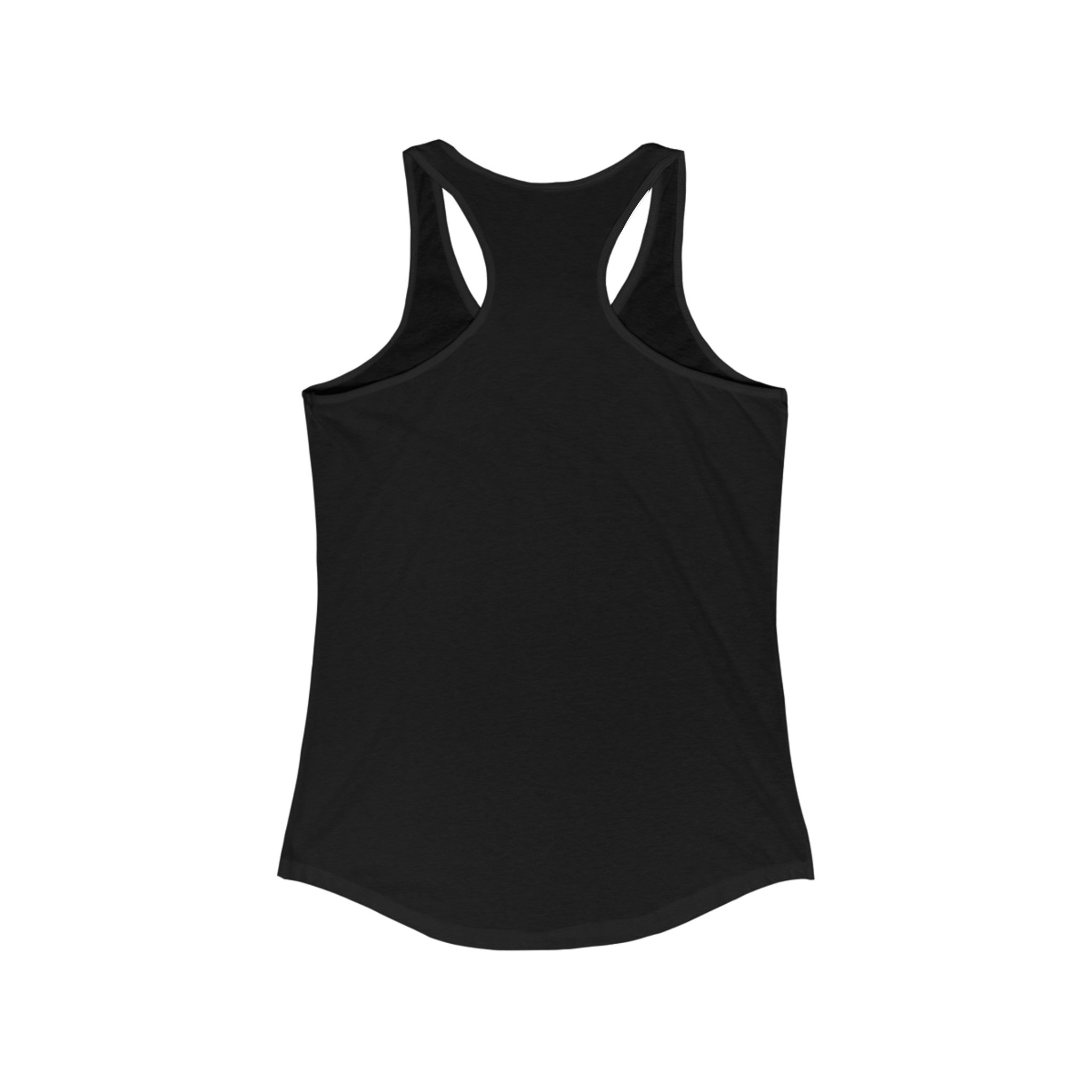 Back view of a plain black Professional Overthinker - Women's Racerback Tank, perfect for an active lifestyle.