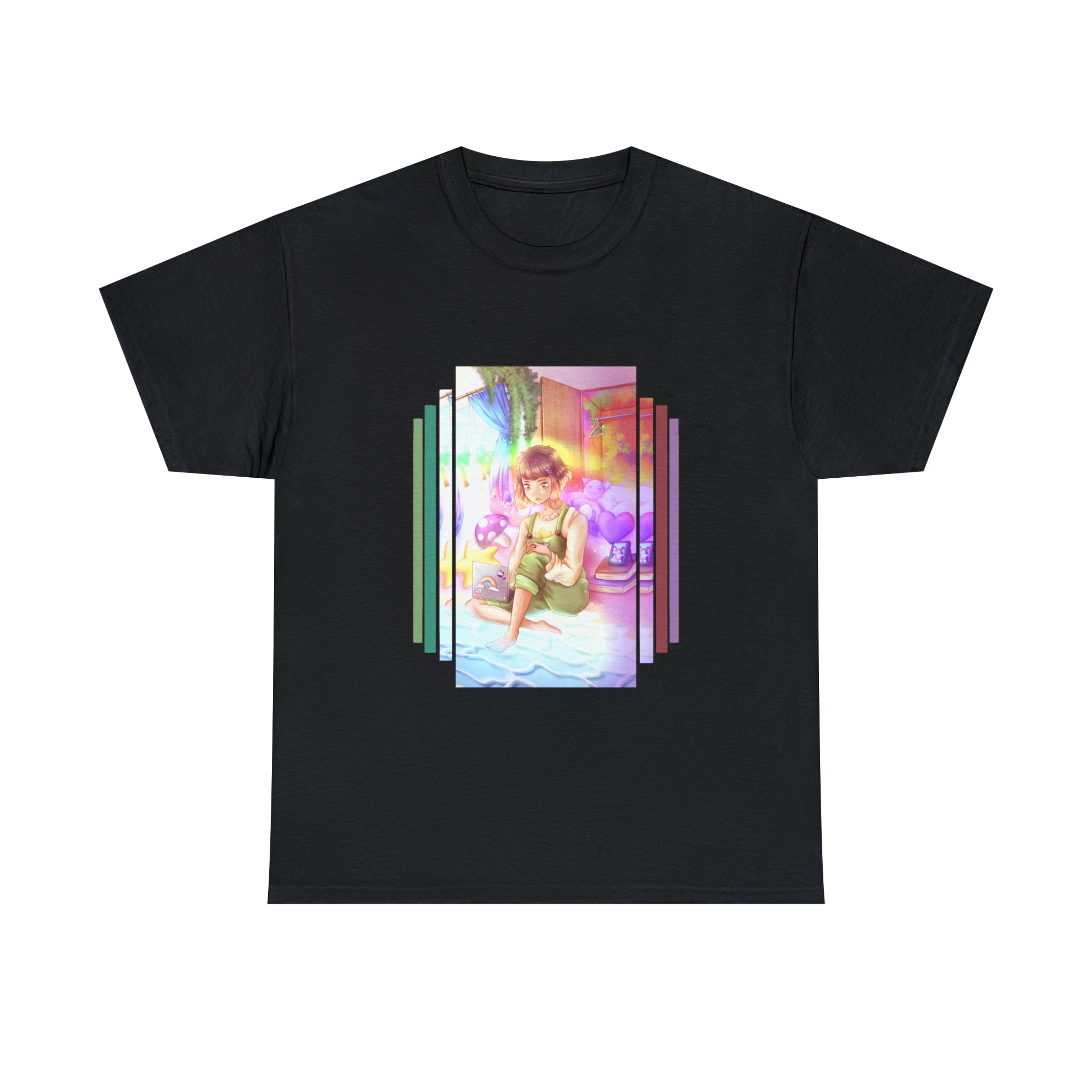 An Room Pride T-Shirt showcasing an exquisite artwork of a girl sitting on a bed, expertly crafted from comfortable cotton.