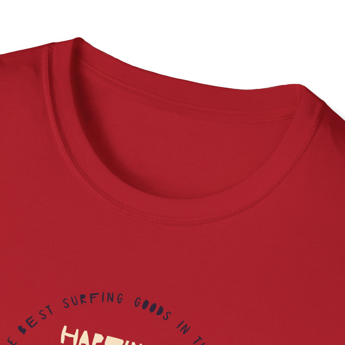 Happiness Comes in Waves t-shirt in red, close-up of chest print text, funny surfing quote graphic tee