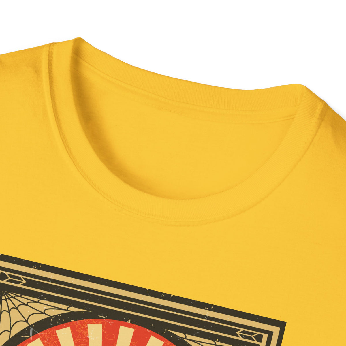 Close-up of 'Mexican Wrestler' t-shirt neckline in yellow, funny lucha libre graphic tee fabric detail