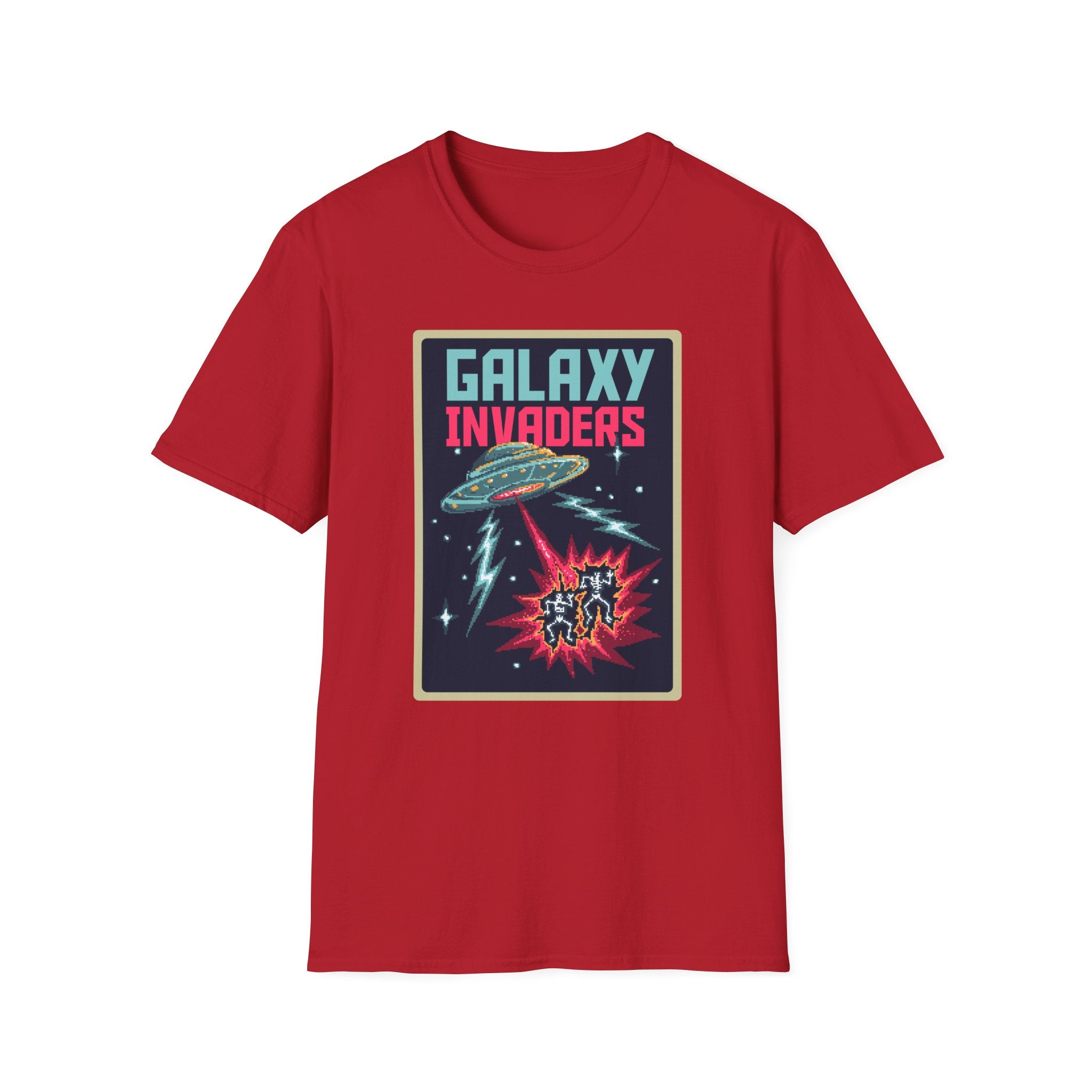 Retro-style Pixel Galaxy Invaders T-shirt in red, featuring a pixelated spaceship and an epic space battle scene.