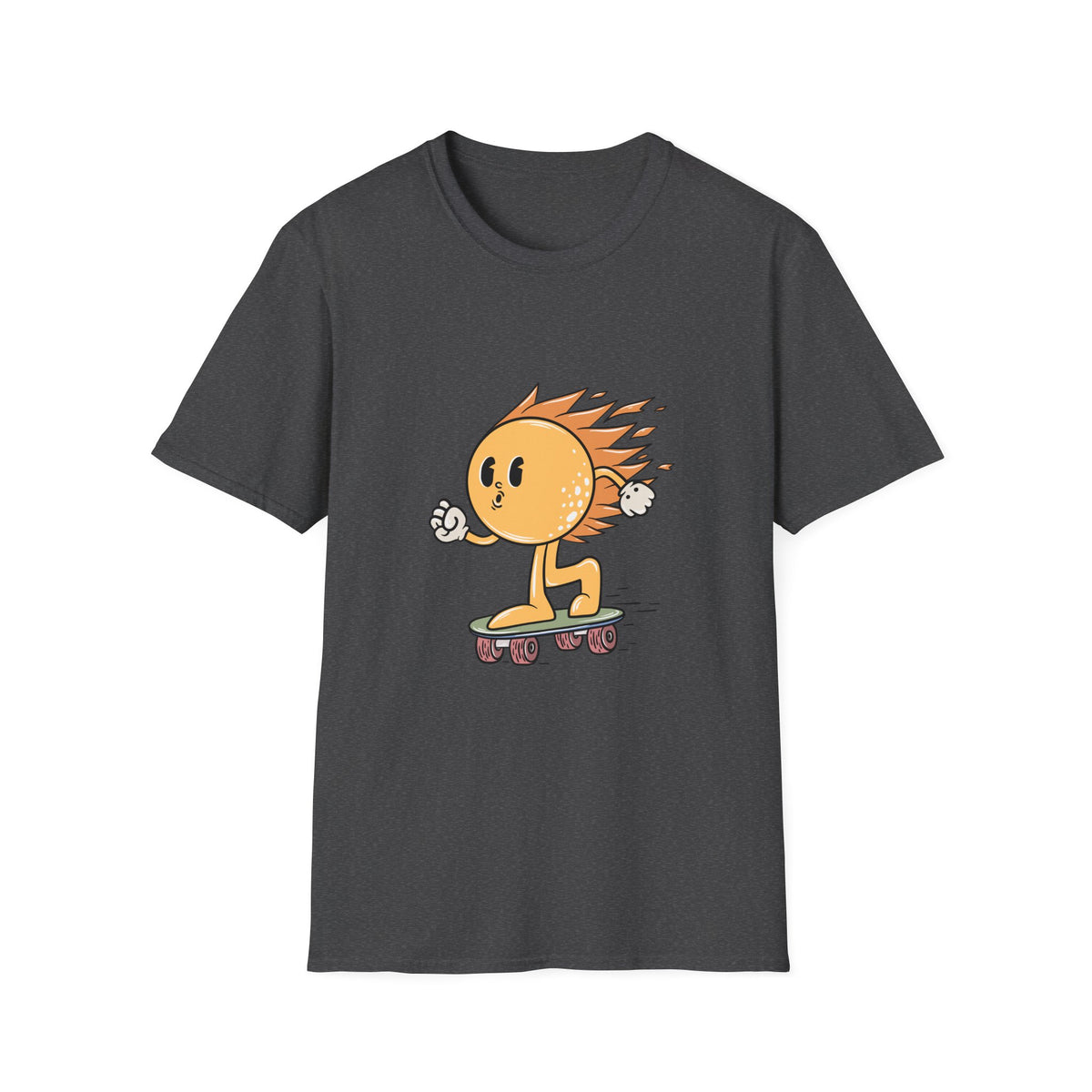 Hot Sun Cartoon skateboarding t-shirt in dark heather, flat lay front print, funny summer gift