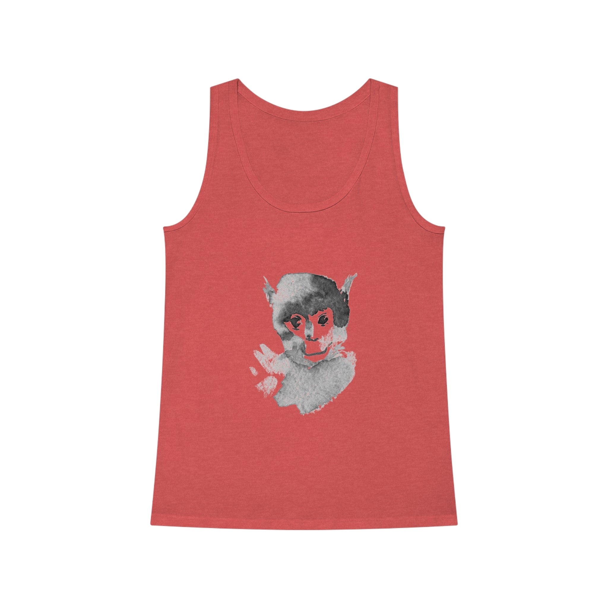 The Monkey Women's Dreamer Tank Top, crafted from organic cotton, is a versatile and stylish piece featuring a gray and red abstract animal face design on the front. It's perfect for those who appreciate both comfort and an artistic touch.