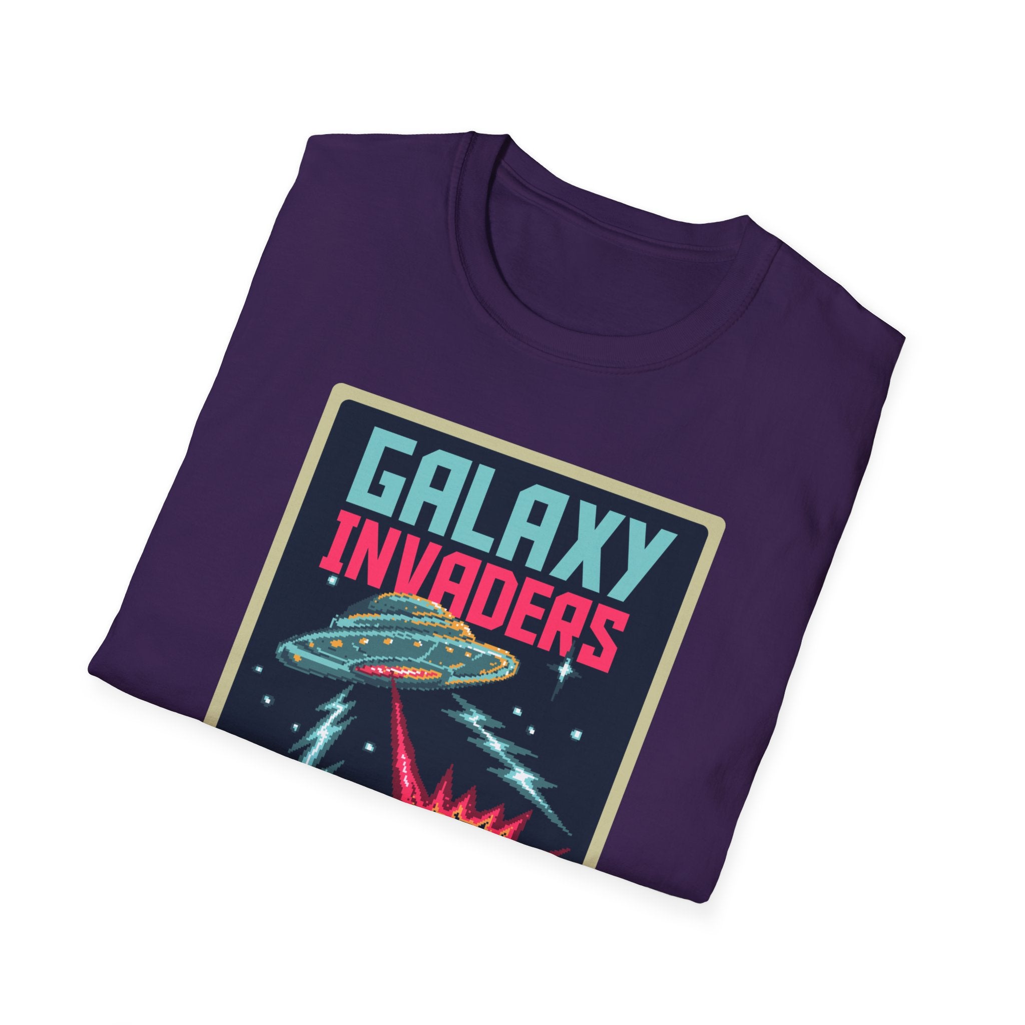 Purple Pixel Galaxy Invaders T-shirt with a retro design featuring a pixelated spaceship shooting laser beams.