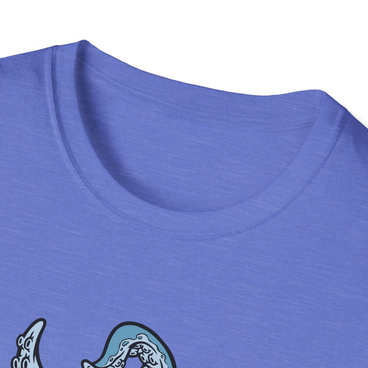 'Octopus Comes Out of the Bag' t-shirt in heather royal, close-up of neckline, camping gift idea