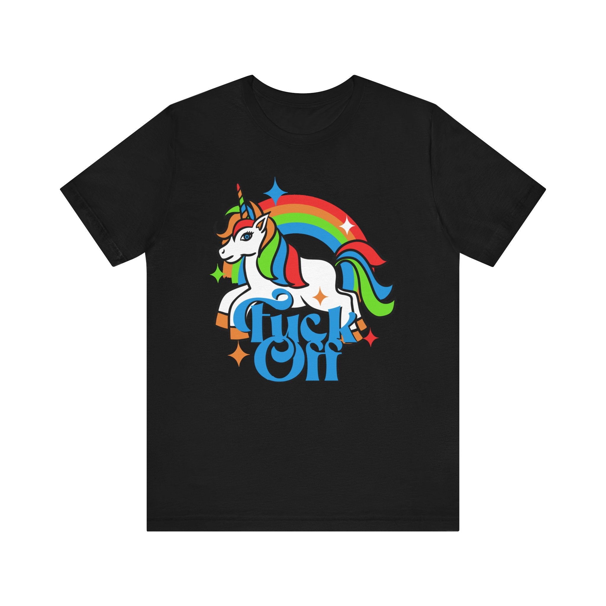 A black, unisex F off t-shirt featuring a colorful graphic of a unicorn with a rainbow mane and the text "tush off" in bold, stylized font surrounded by stars.