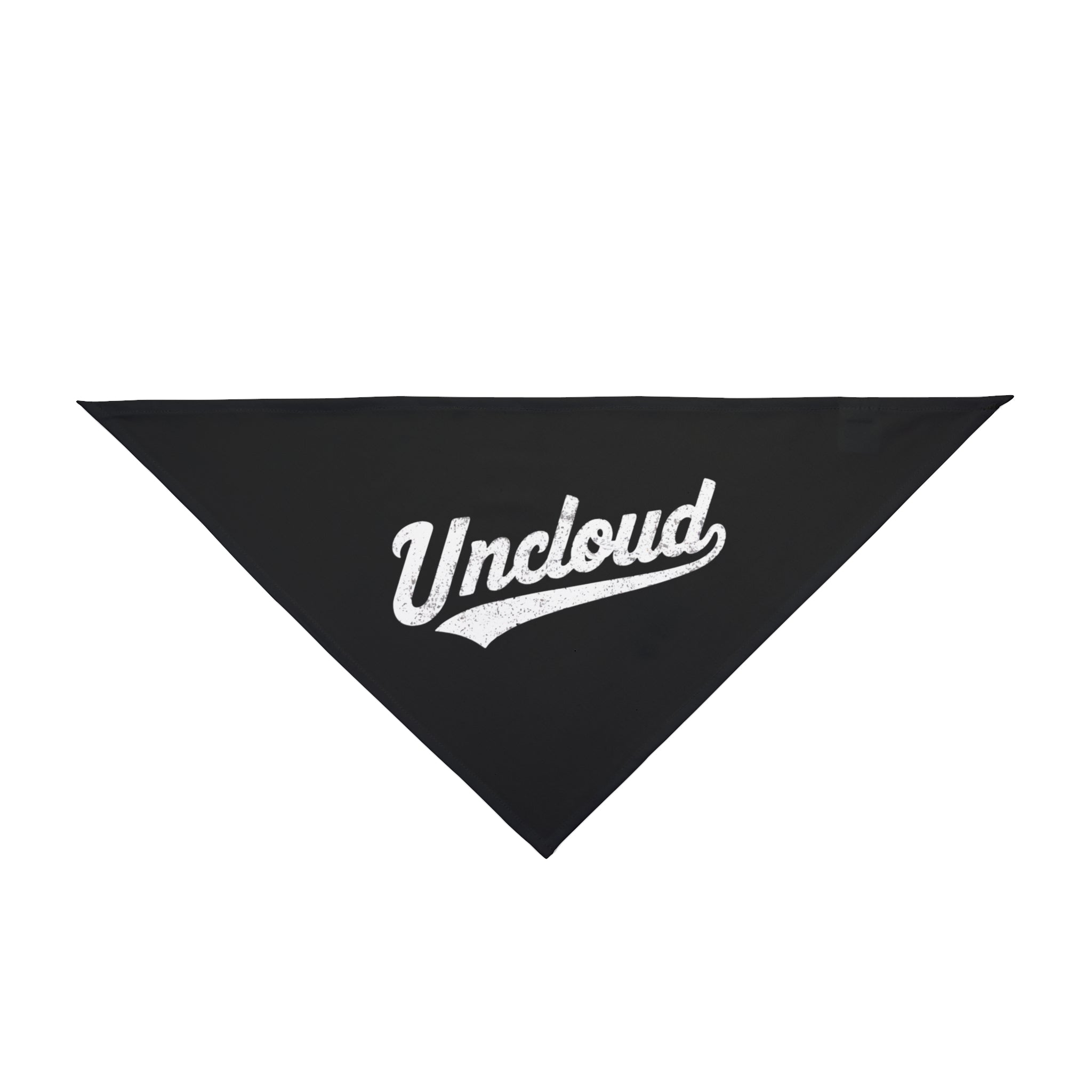 A black triangular Uncloud - Pet Bandana made from soft-spun polyester, featuring the word 'Uncloud' in white cursive text at its center, ensuring both style and pet comfort.