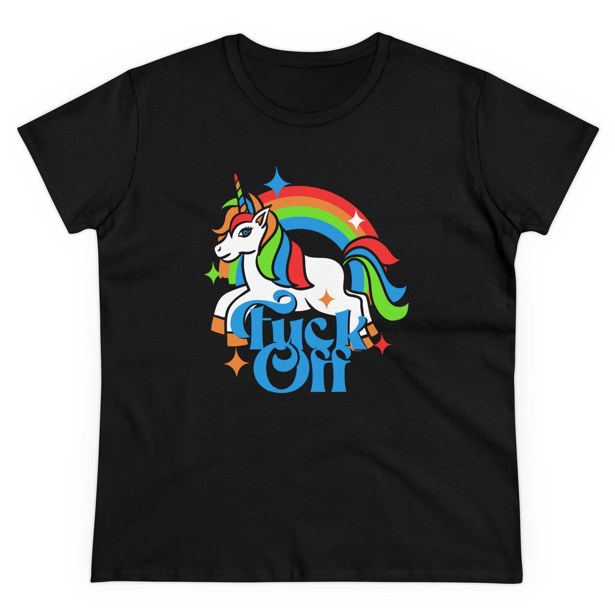 F Off - Women's Tee featuring a colorful unicorn with a rainbow mane and tail, and the text "Fuck Off" in blue lettering below the unicorn. Crafted from lightweight cotton, this bold design is sure to make a statement.