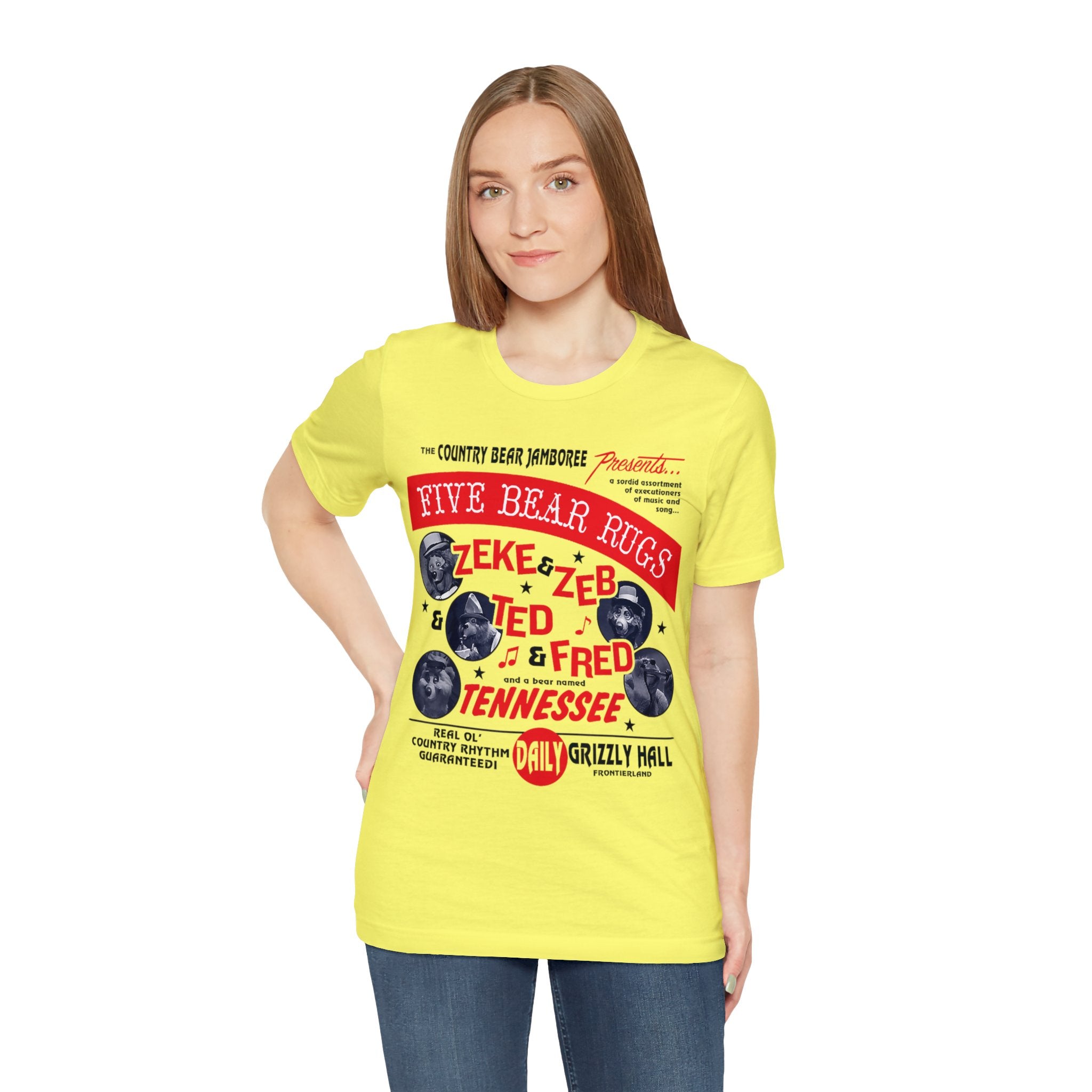 A woman sporting a yellow Country Bear Jamboree Real Old Country Rhythm Five Bear Rugs Tee-Shirt with the words "tennessee tennessee tennessee" written across it.
