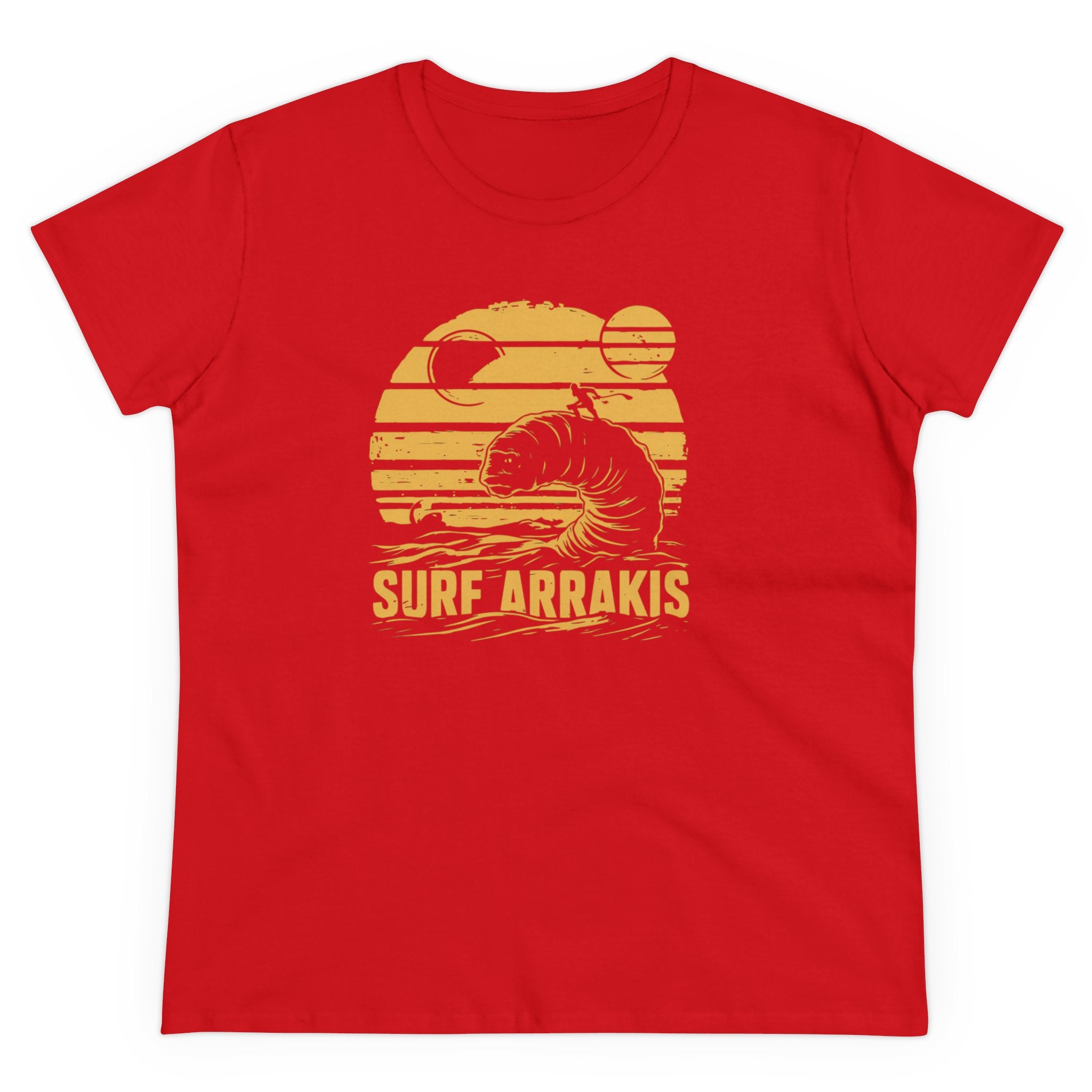 Red T-shirt featuring a yellow design of a sand worm and two moons with the text "Surf Arrakis." Crafted from soft light cotton, this pre-shrunk comfy design ensures lasting comfort. Get ready to rock the unique style of our Surf Arrakis - Women's Tee.