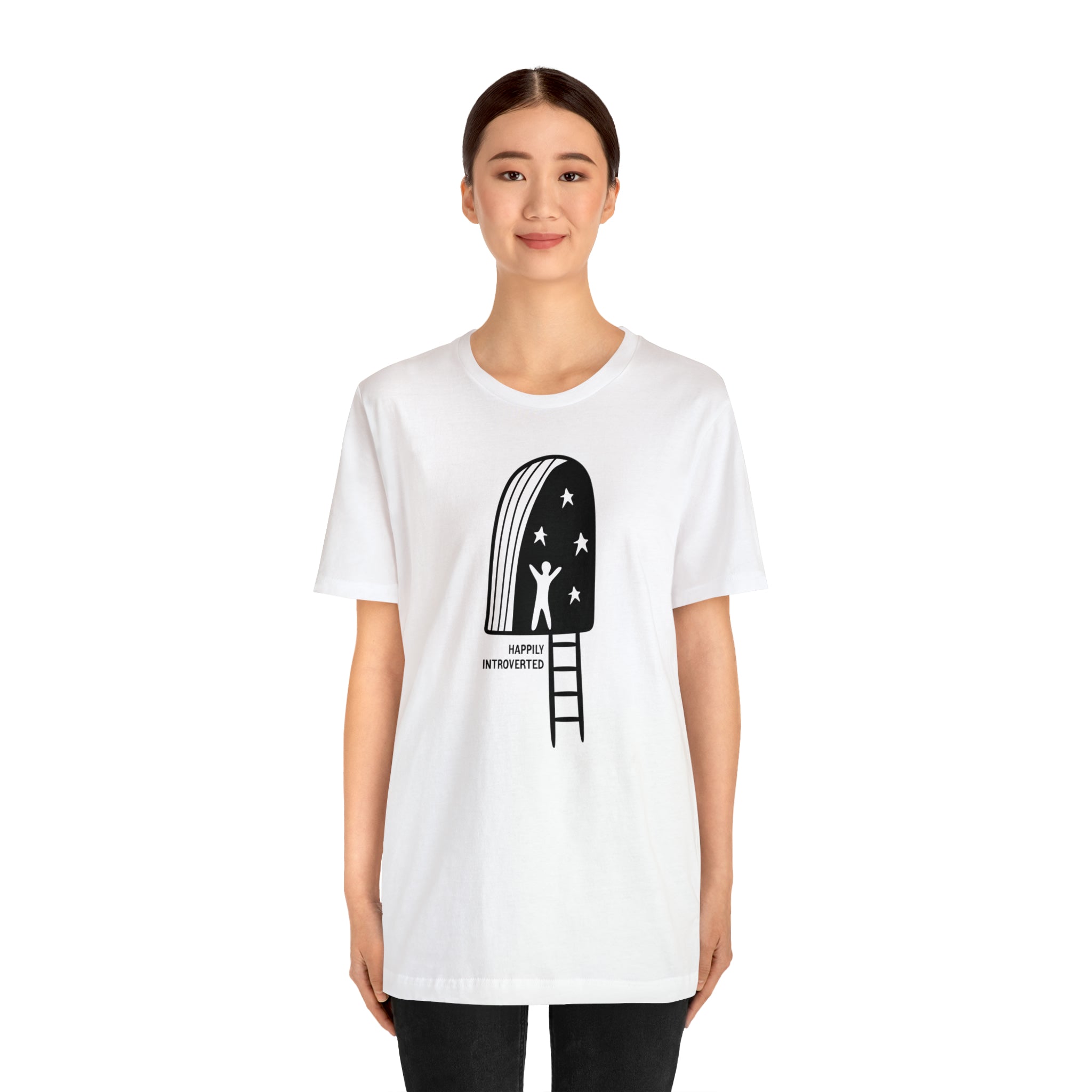 An introverted woman wearing a Happily Introverted T-Shirt with a graphic design.