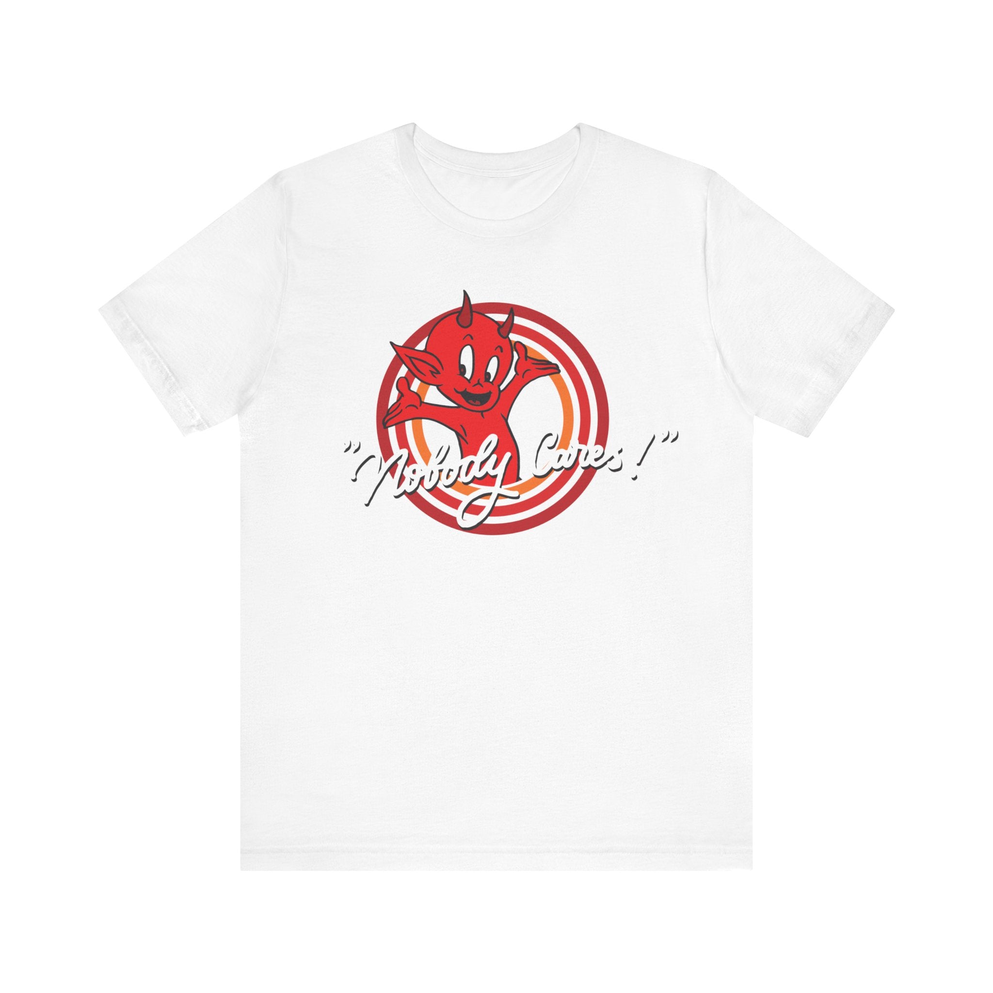 Nobody Cares t-shirt made of soft cotton, featuring a graphic of a red devil inside a swirling candy cane frame, accompanied by the text "wickedly cute!" in playful script.