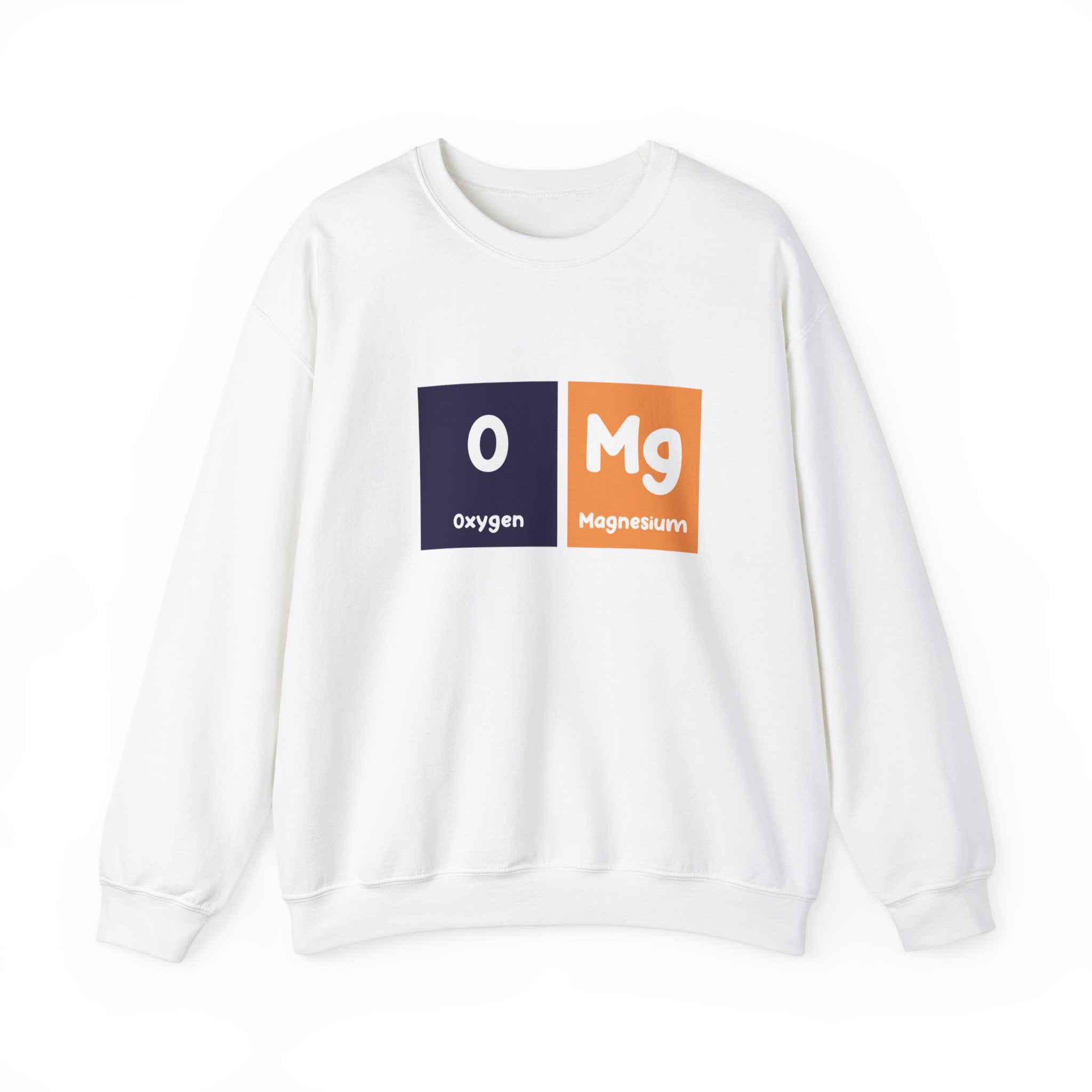 O-Mg - Sweatshirt perfect for the colder months, featuring periodic table elements Oxygen (O) and Magnesium (Mg) in two colored squares— "O" in a dark square and "Mg" in an orange square.