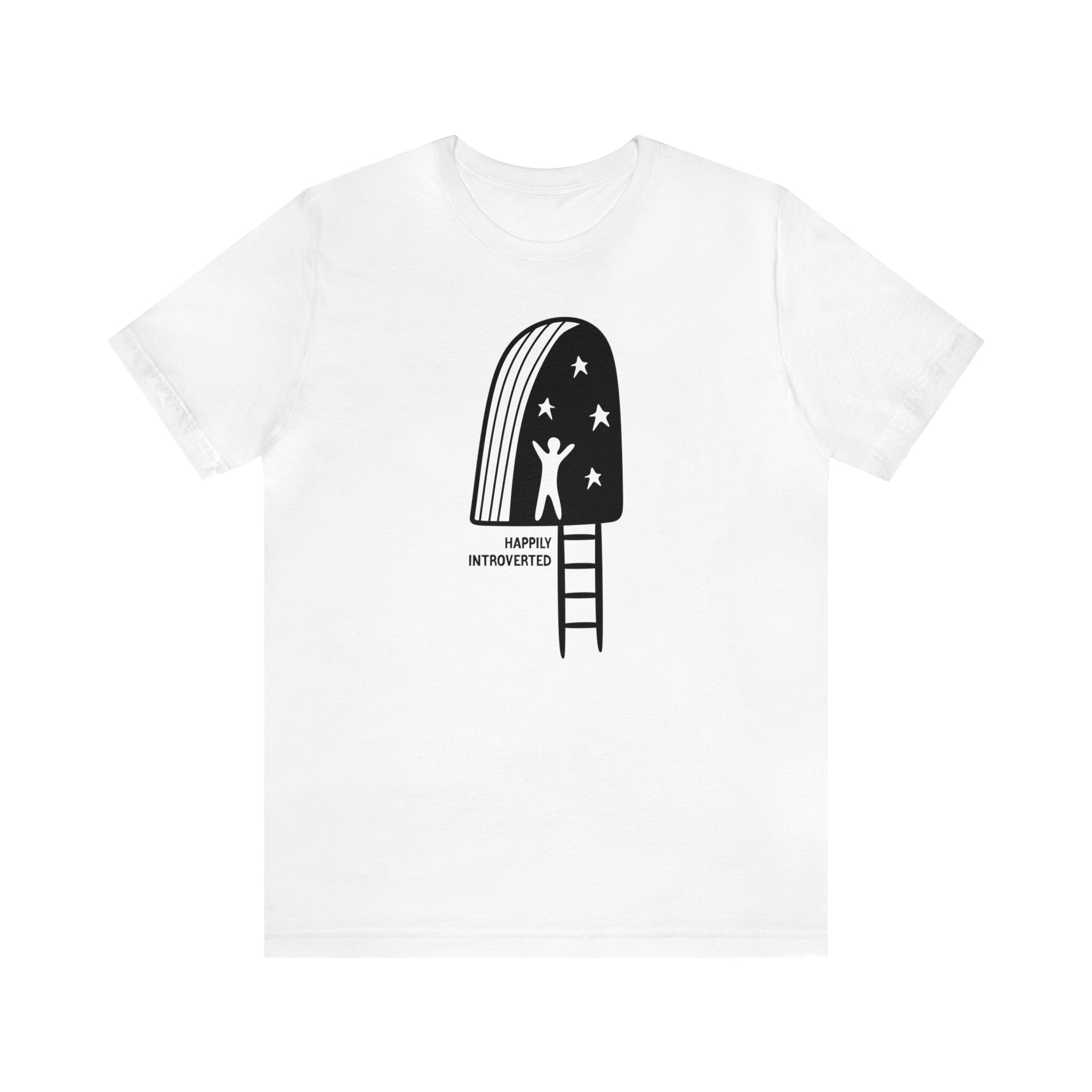 A white Happily Introverted T-Shirt with a black and white graphic.
