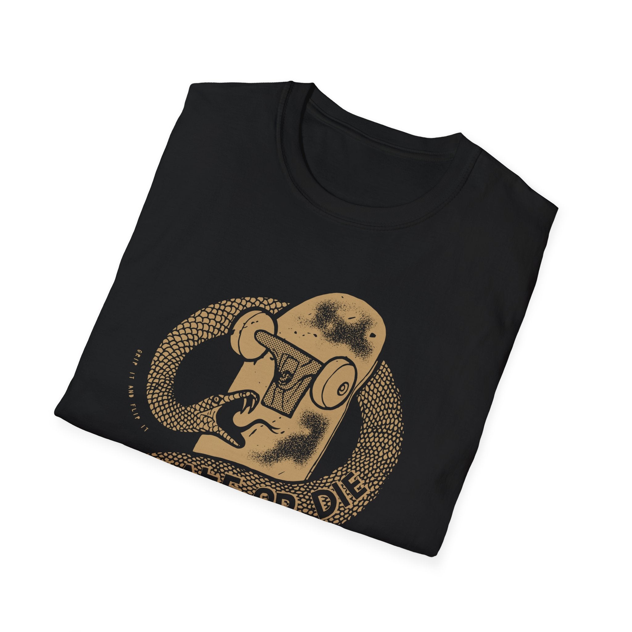 The "Skate or Die" T-shirt is a black, breathable cotton crew-neck featuring a gold snake and skateboard design, perfectly merging comfort with bold streetwear flair.