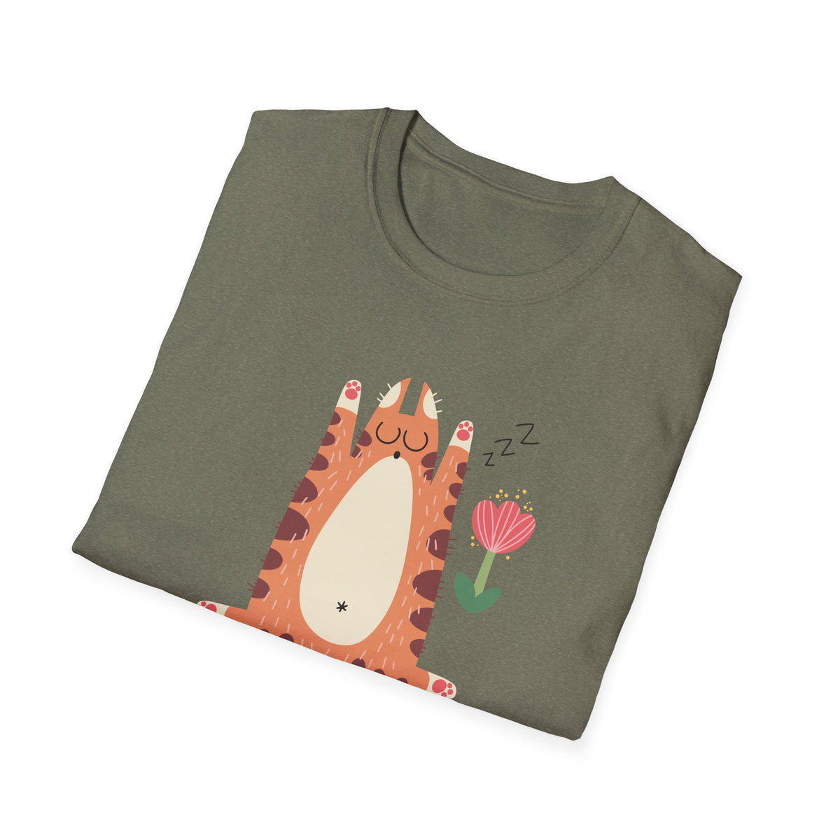 "You Make Me Go ZZZ" sleepy cat t-shirt in heather military green, folded flat lay, funny cat gift