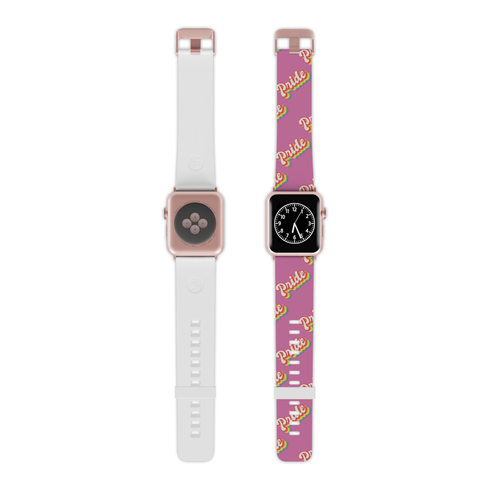 Two pink and white custom-printed Pride Bands for Apple Watch on a white background.