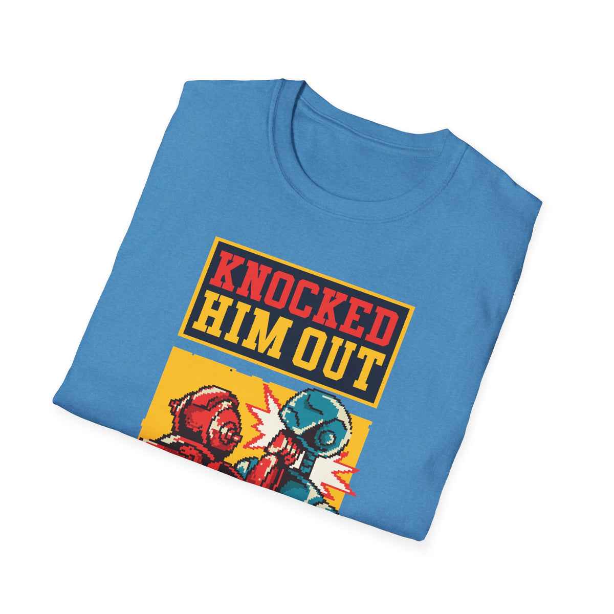"Knocked Him Out" robot boxing t-shirt in denim blue, folded flat lay showing print, funny gamer gift