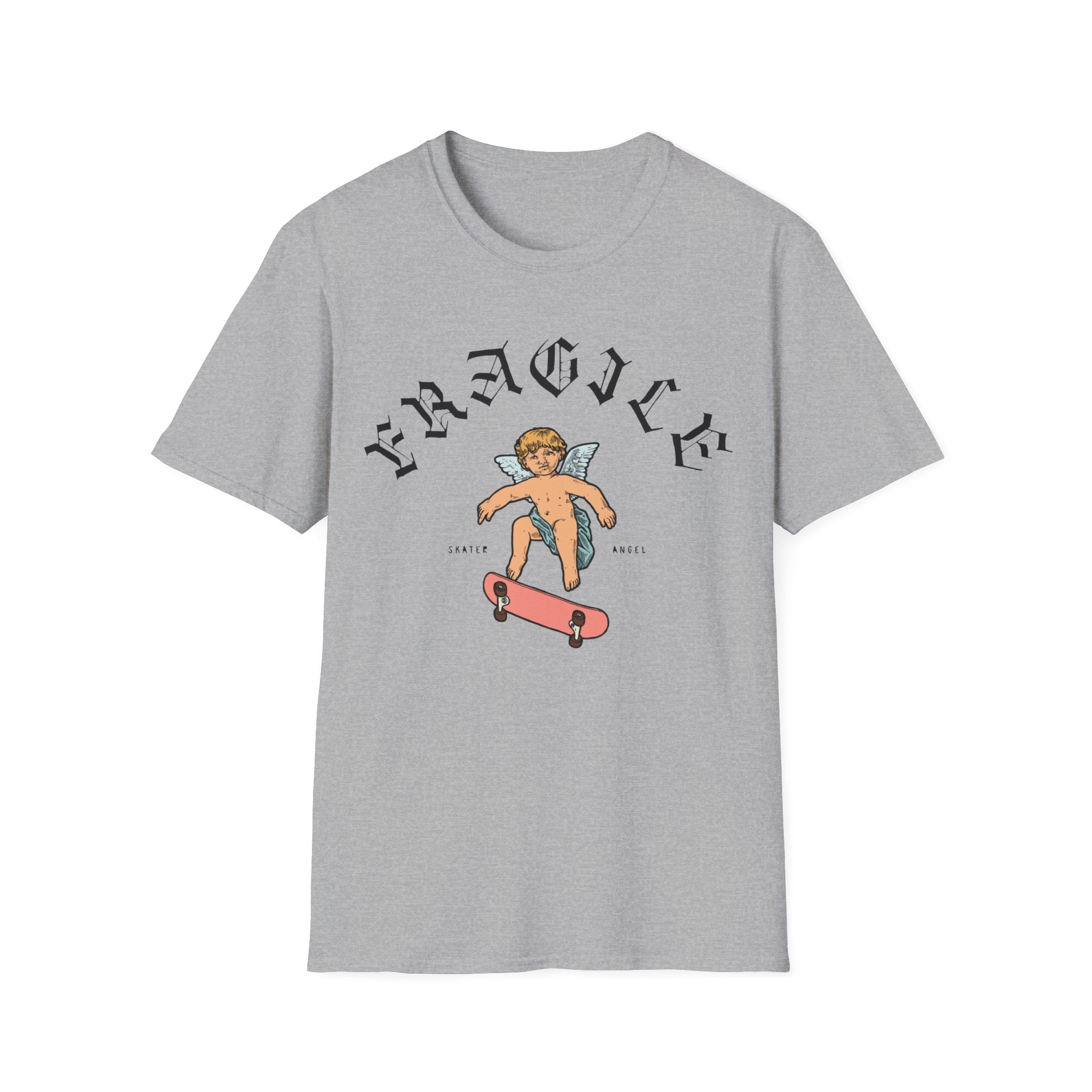 A soft, relaxed fit Skater Angel gray skating t-shirt featuring an image of a girl riding a skateboard.