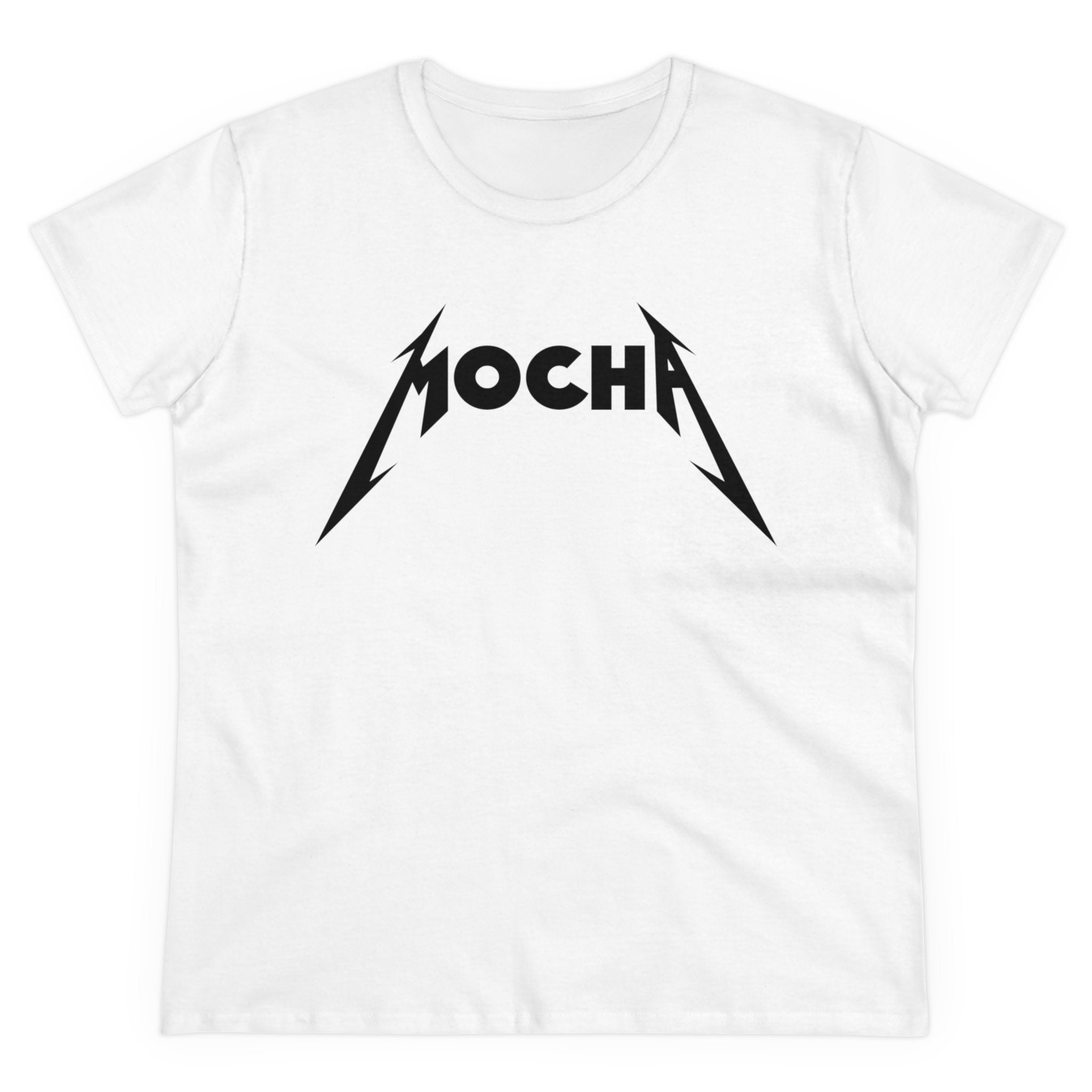 White T-shirt crafted from soft light cotton, featuring the word "MOCHA" in black with lightning bolt accents on either side. This Mocha - Women's Tee is pre-shrunk for a perfect fit.