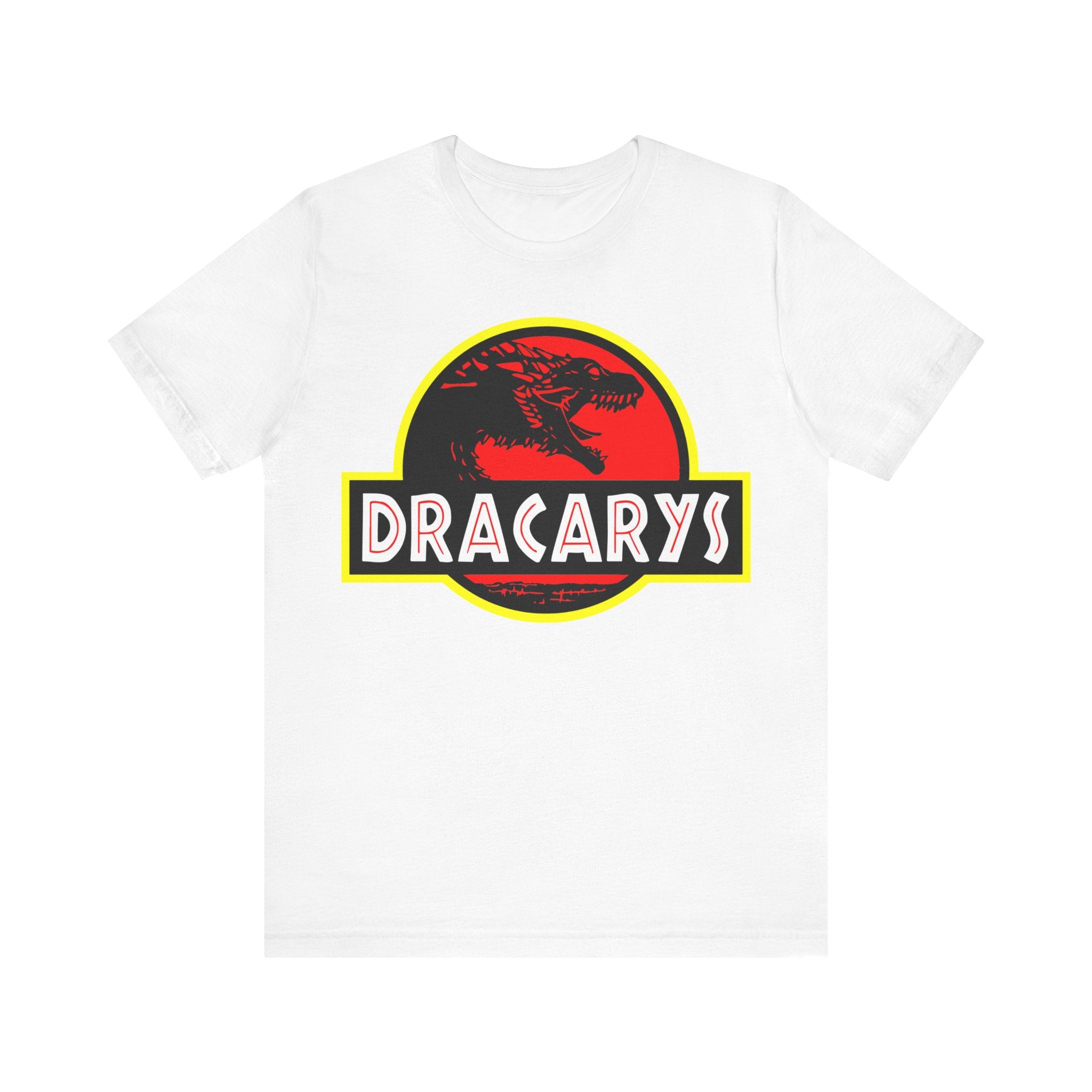 Dracarys T-Shirt with a red and yellow circular design featuring a quality print of a black dragon silhouette and the word "dracarys" in bold yellow letters.