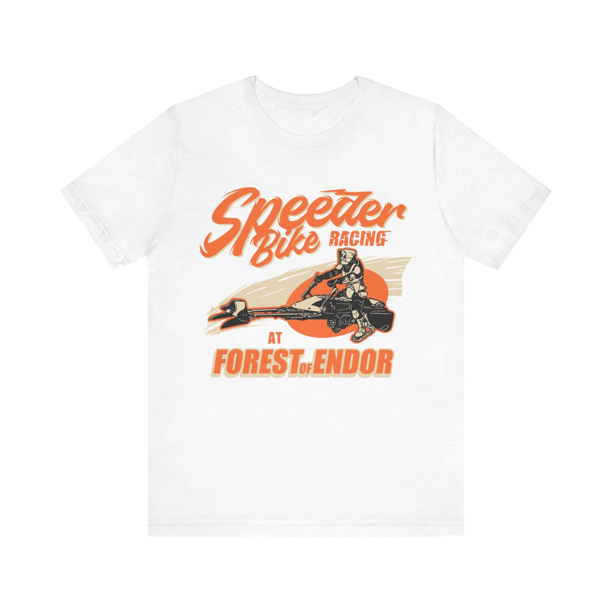 White jersey tee with a graphic of a person racing a Speeder Bike Racing in an orange and black design, featuring the text "Speeder Bike Racing at Forest Endor.