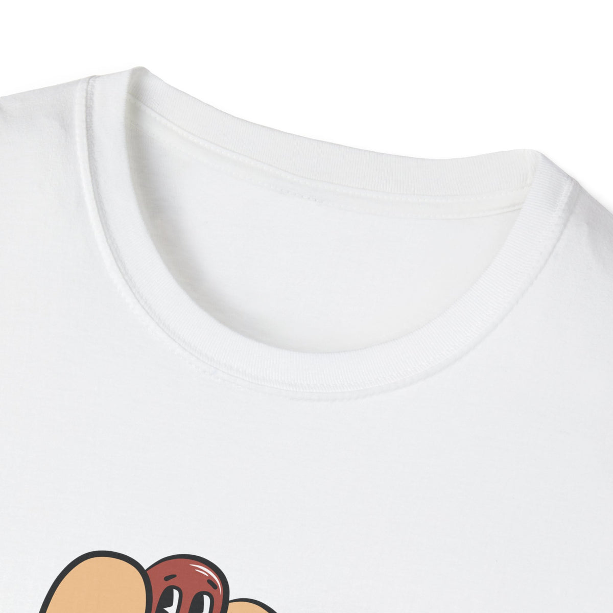 Close-up of Hotdog Cartoon print on white t-shirt collar, funny cartoon food graphic detail