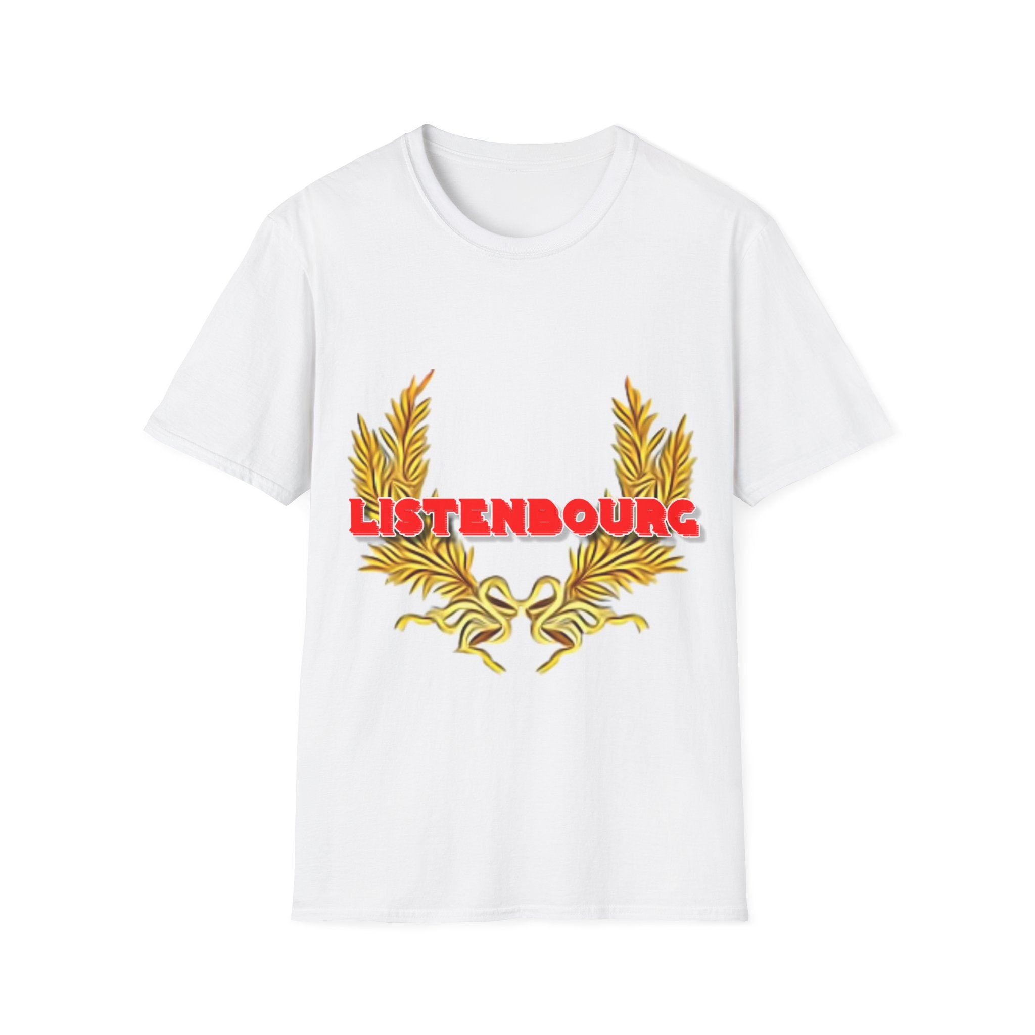 The Listebourg Lauren Leaves T-Shirt is crafted from comfortable fabric and features "LISTENBOURG" in bold red text elegantly framed by two golden laurel leaves.