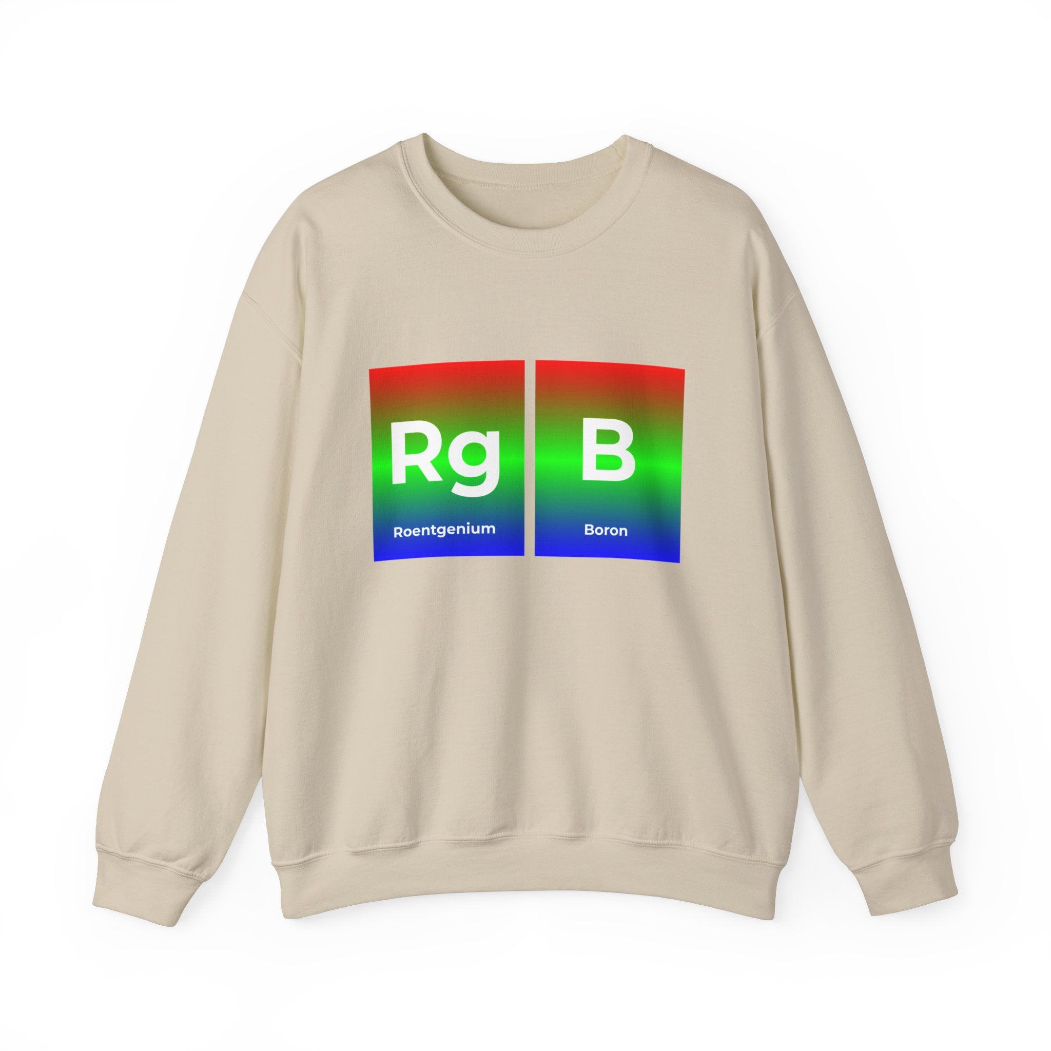 A cozy beige RG-B - Sweatshirt featuring periodic table elements Roentgenium (Rg) and Boron (B) on the front, depicted in boxes with a gradient of red to blue, ensures ultimate comfort and style.