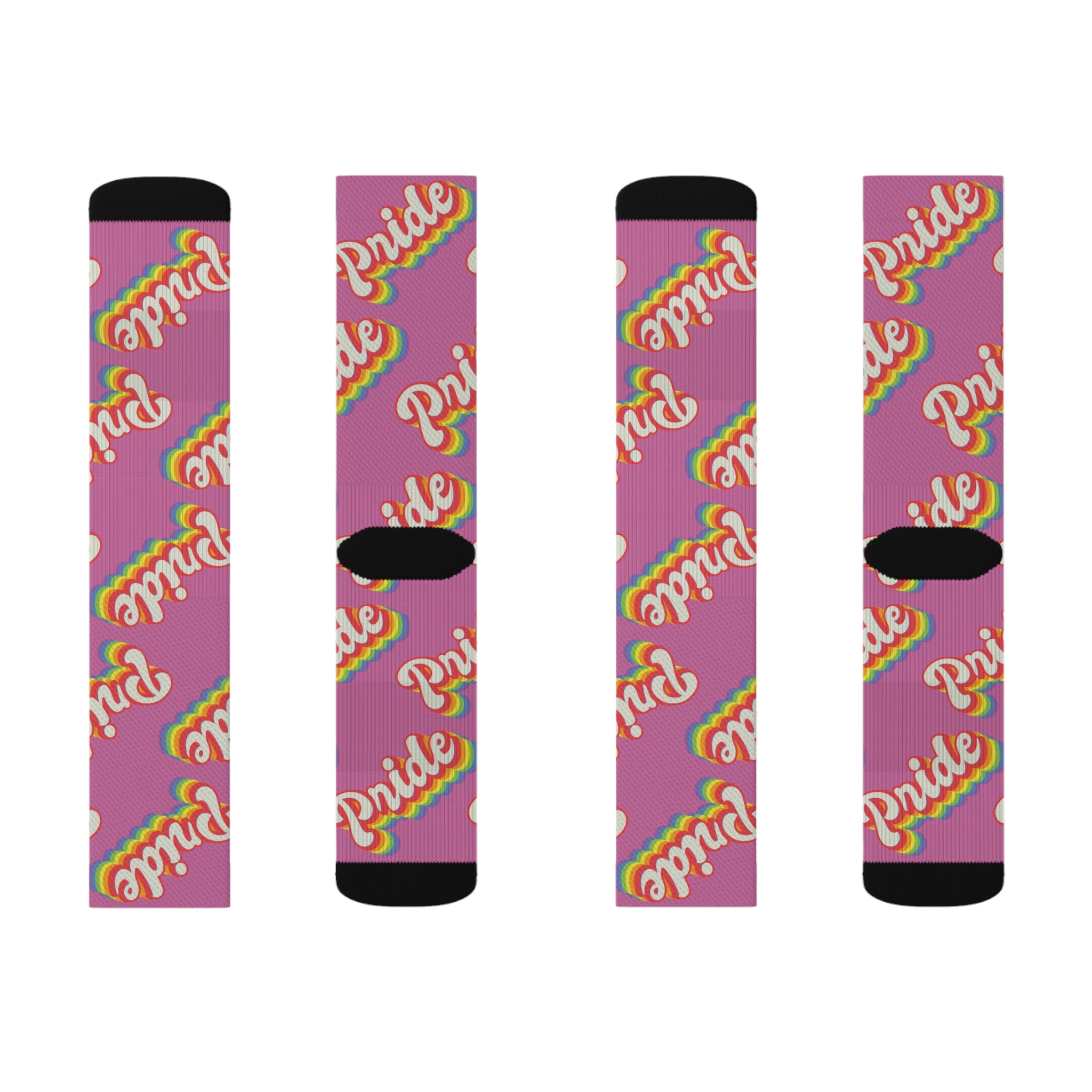 A pair of Pride Socks with a sublimated print of the word 'pretty' for added comfort.