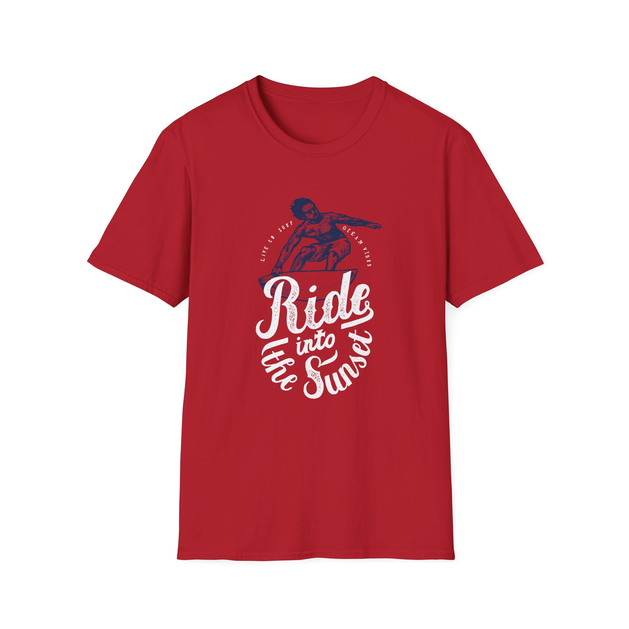 The "Ride Into the Sun T-Shirt" showcases a chic illustration of a person cycling under white cursive lettering that says "Ride into the Sunset," set against a red background.