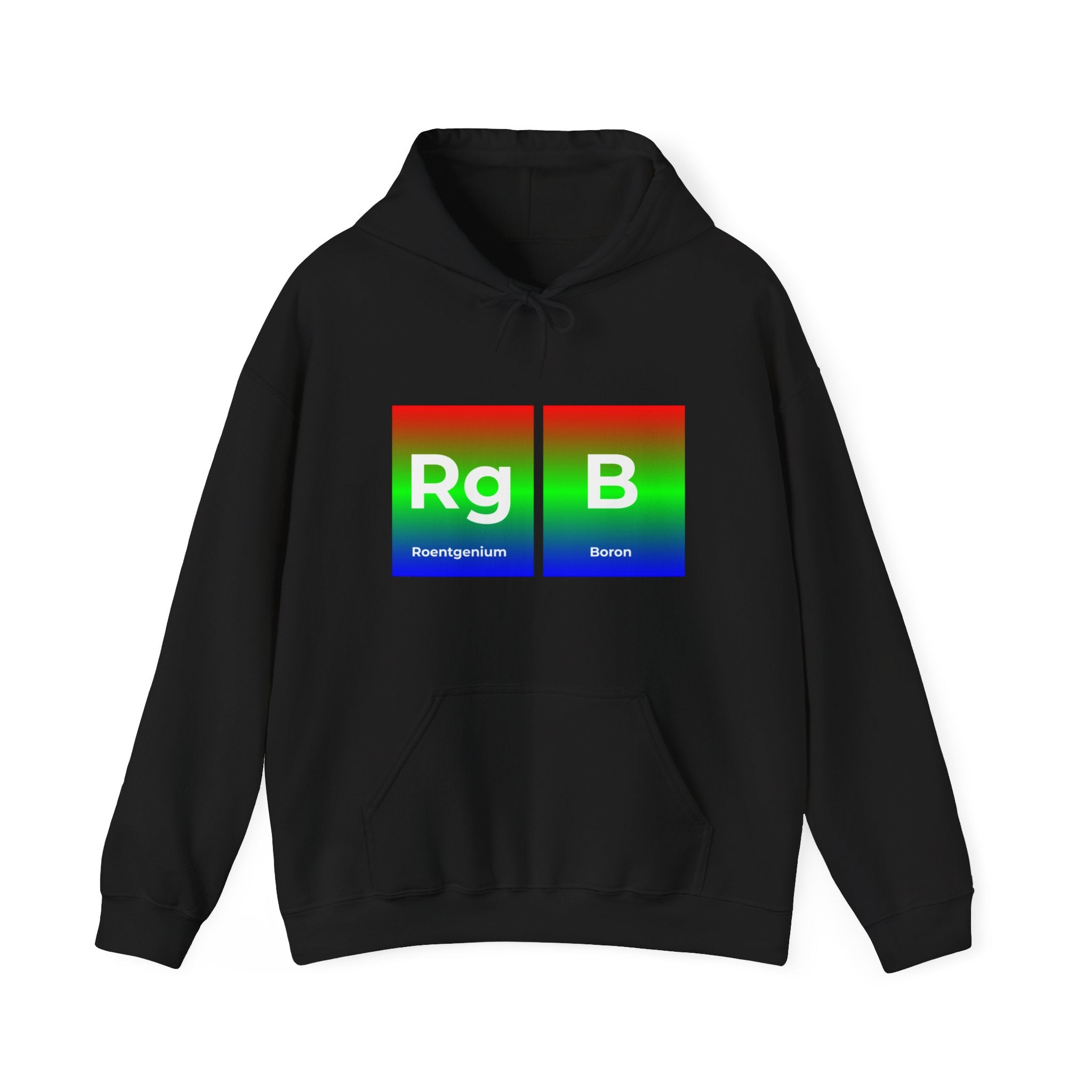 A RG-B - Hooded Sweatshirt with an RGB-themed design features the symbols "Rg" for Roentgenium and "B" for Boron, each in a gradient of red, green, and blue. Embrace fashion with this unique RG-B design.