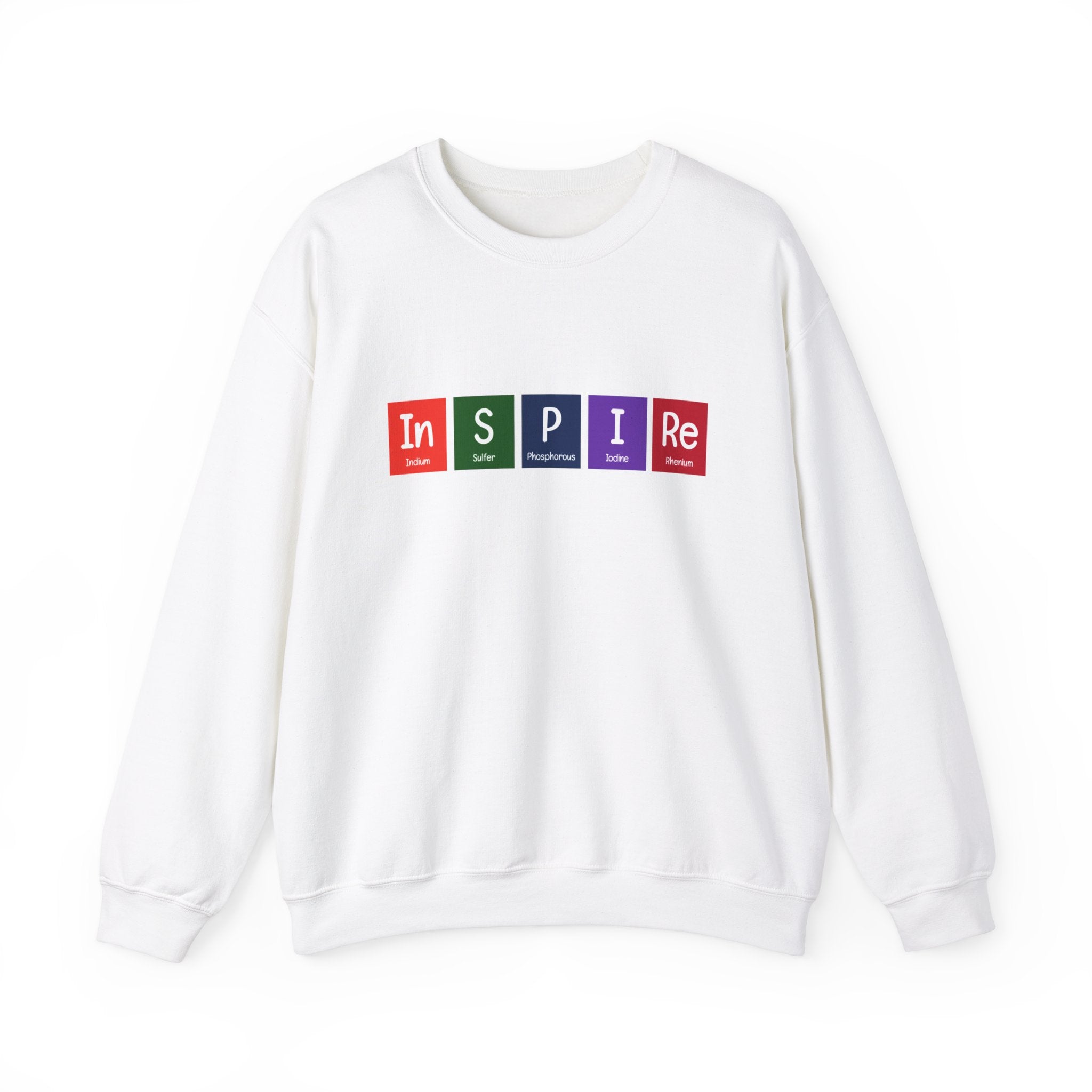 White crewneck sweatshirt with the word "In-S-P-I-Re - Sweatshirt" in colored blocks across the chest. Each letter in "In-S-P-I-Re - Sweatshirt" is displayed in its own block of either red, green, blue, or purple. This cozy sweatshirt is perfect for a dose of inspiration during the colder months.