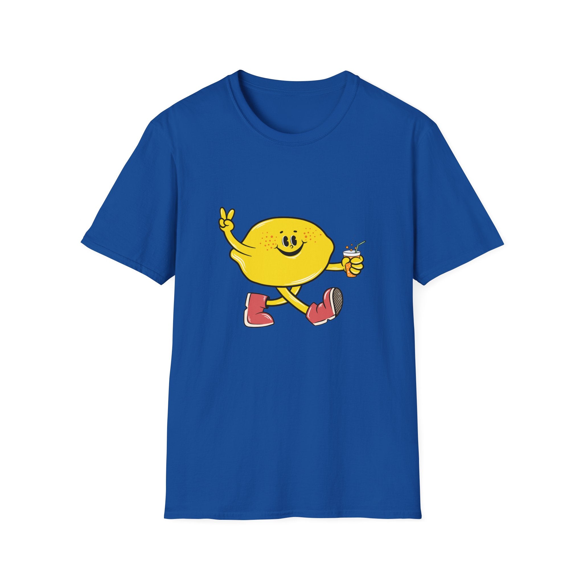 Cartoon Lemon blue t-shirt featuring a cheerful anthropomorphic lemon wearing red boots, giving a peace sign, and holding a drink.