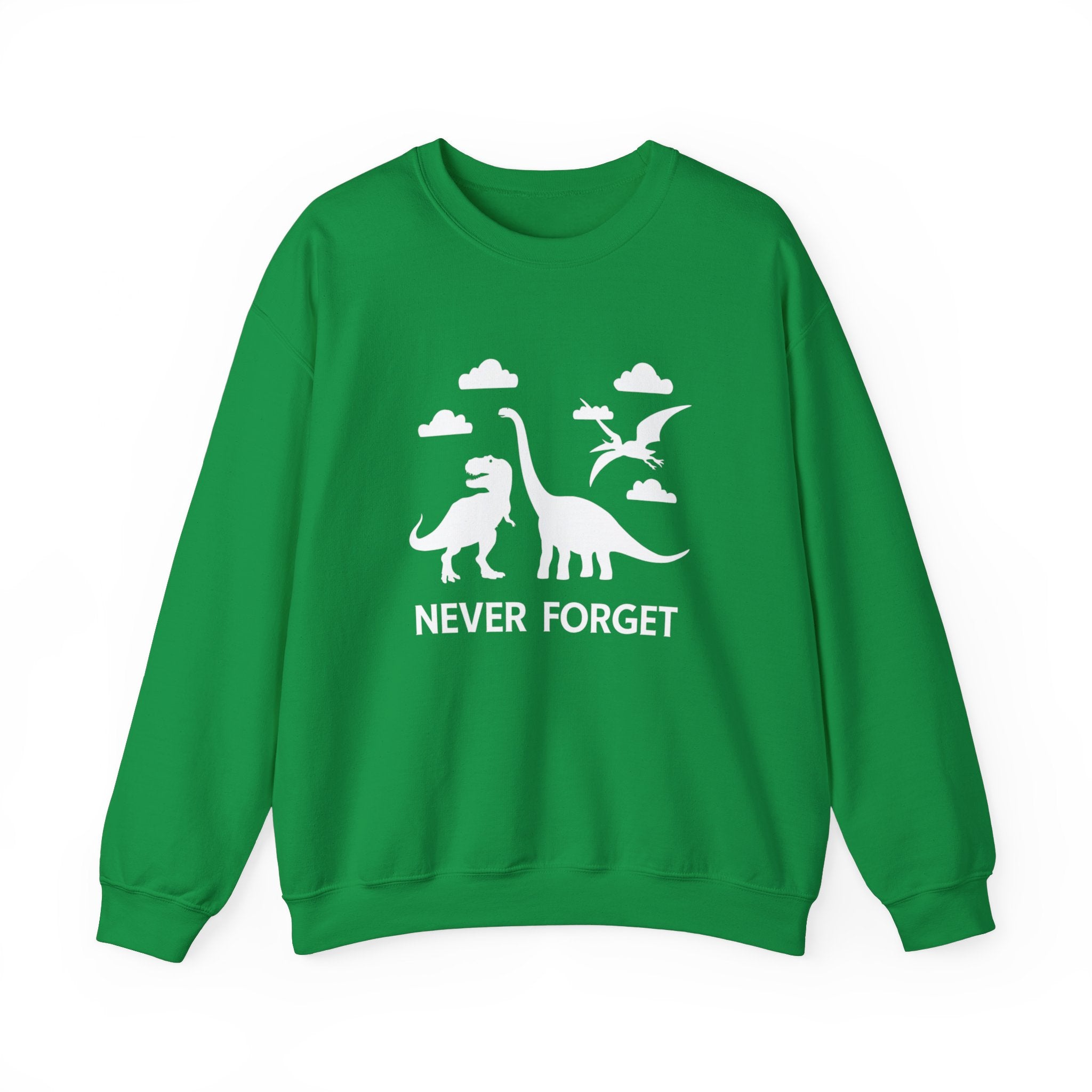 The cozy green Never Forget - Sweatshirt features white silhouettes of dinosaurs with the words "NEVER FORGET" beneath them, making it an essential addition to your winter wardrobe.