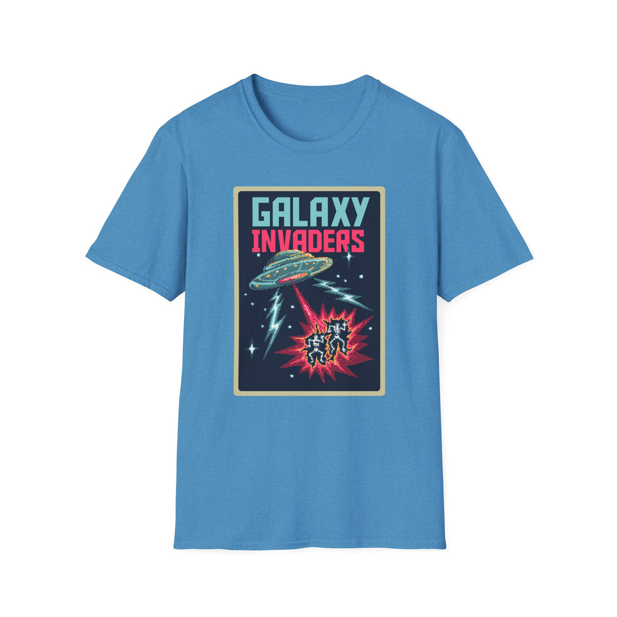 "Galaxy Invaders" pixel UFO t-shirt in heather sapphire blue, flat lay front print, retro gamer gift