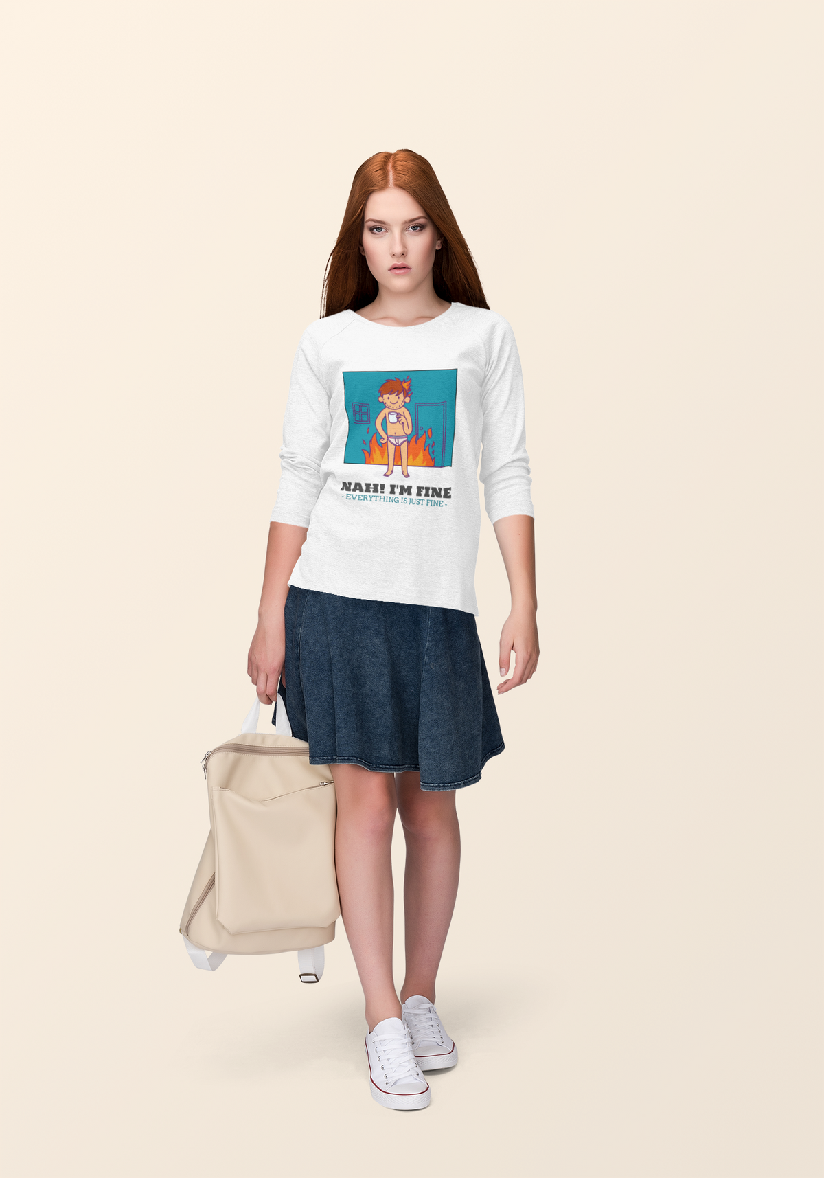 'Nah! I'm Fine' this is fine meme sweatshirt in white, woman standing outdoors, funny sarcastic gift idea