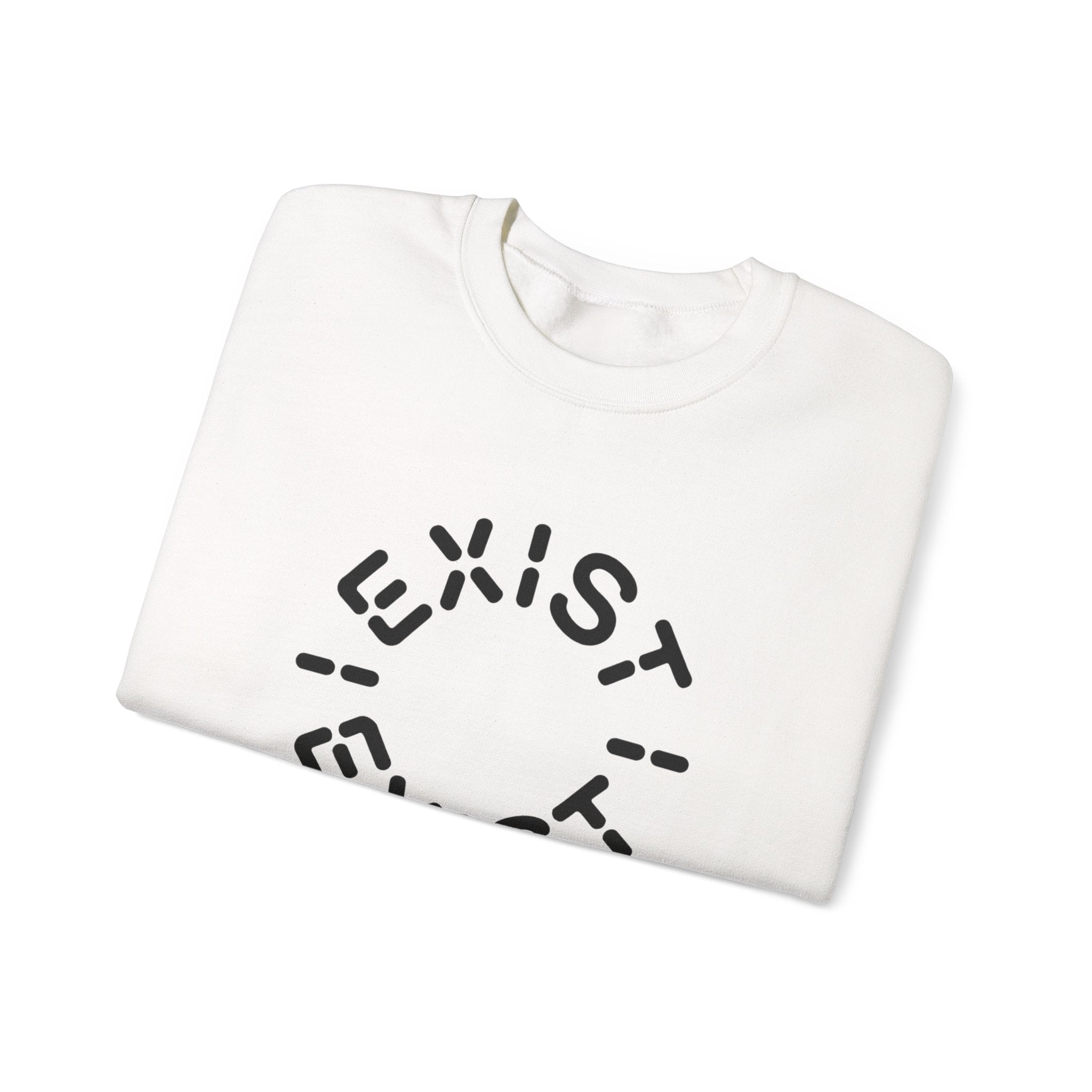The Exist Exist - Sweatshirt is a folded white crewneck featuring the word "EXIST" in a black circular design on the front—ideal for space enthusiasts.