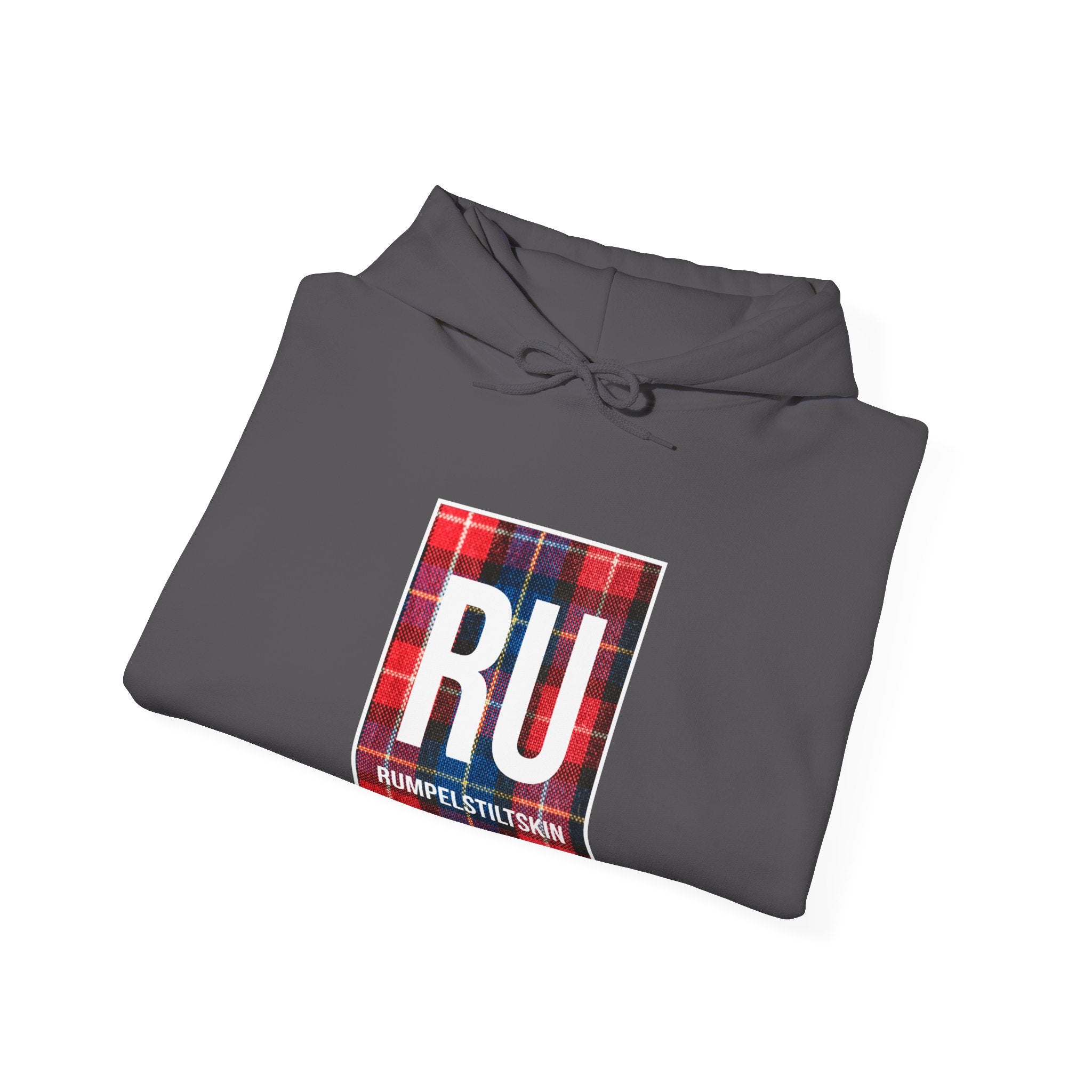Folded dark gray RU - Hooded Sweatshirt featuring a large "RU" with a red and blue plaid pattern and the word "Rumpelstiltskin" below, blending comfort and style perfectly.