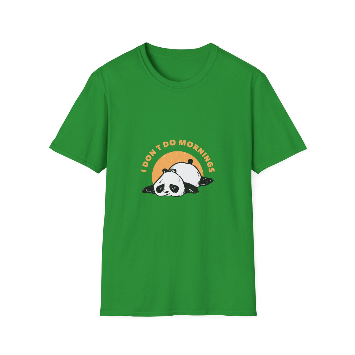 'I Don't Do Mornings' sleepy panda t-shirt in Irish green, funny sunrise graphic tee